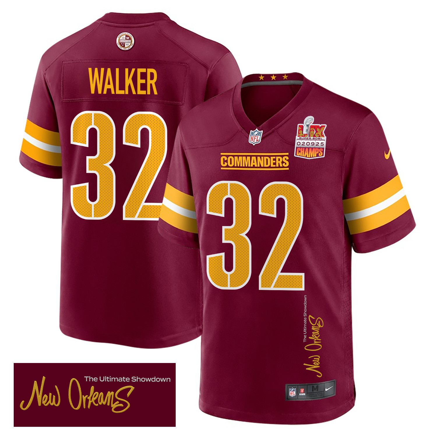 Mykal Walker 32 Washington Commanders Super Bowl LIX Champions Patch New Orleans The Ultimate Showdown' EMBROIDERED Game Burgundy NFL Jersey Men's