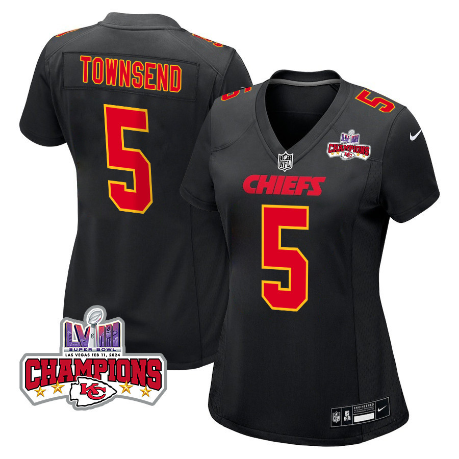 Tommy Townsend 5 Kansas City Chiefs Super Bowl LVIII Champions 4 Stars Patch Fashion Game Carbon Black NFL Jersey Women's