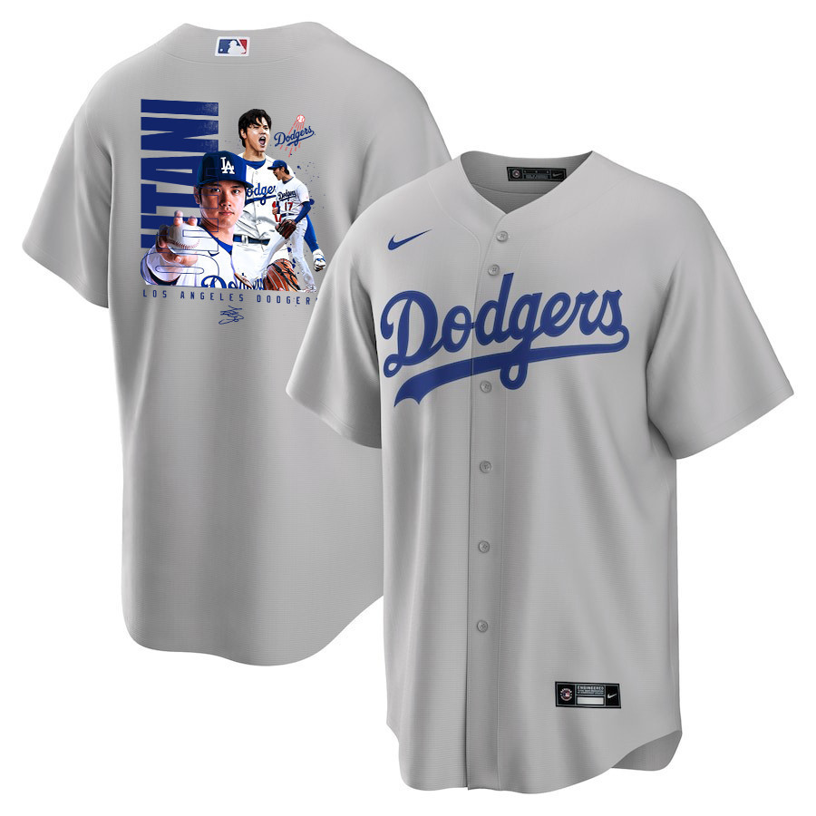 Shohei Ohtani 17 Los Angeles Dodgers Signed Name 2023 Road Gray MLB Jersey Men's
