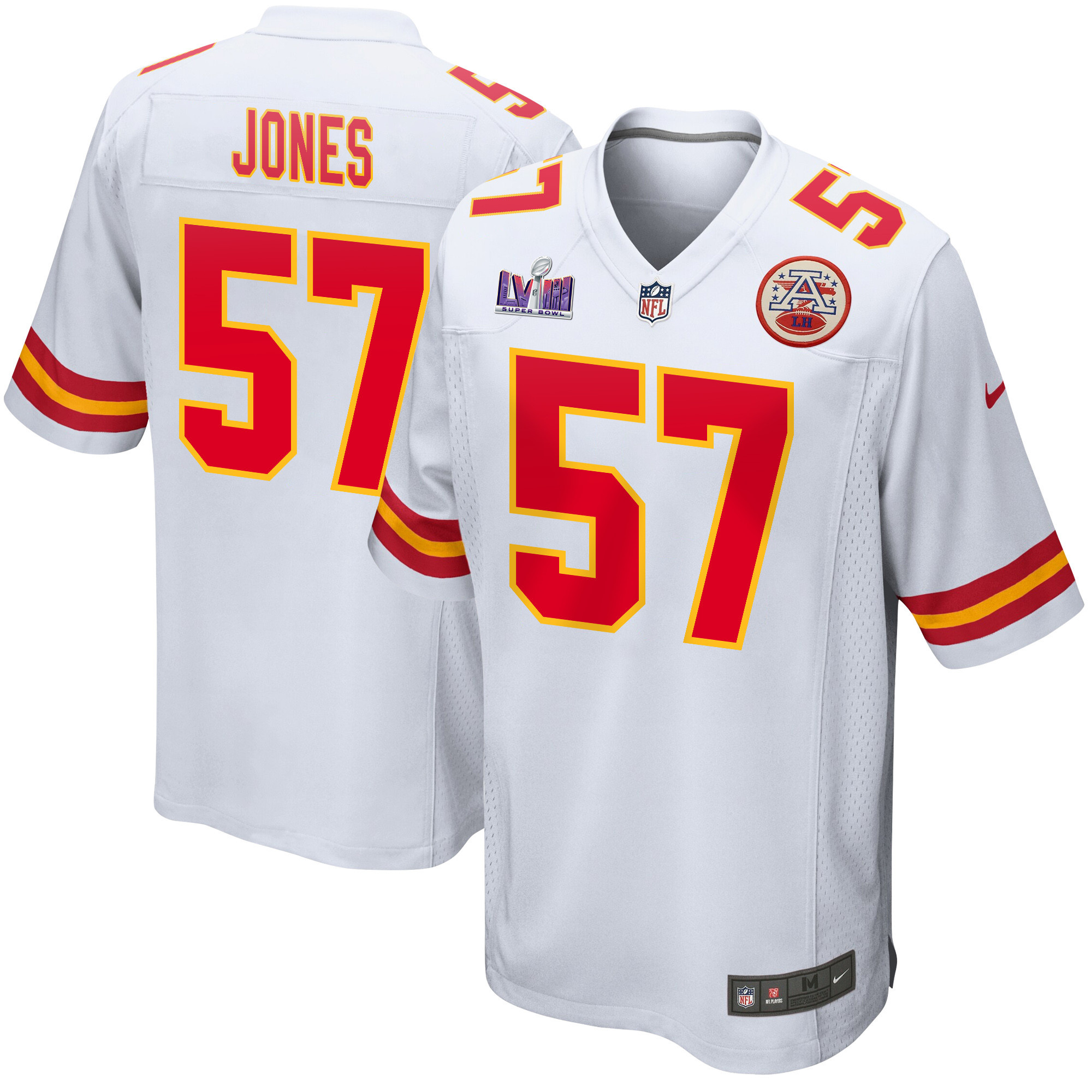 Truman Jones 57 Kansas City Chiefs Super Bowl LVIII Patch Game White NFL Jersey Men's