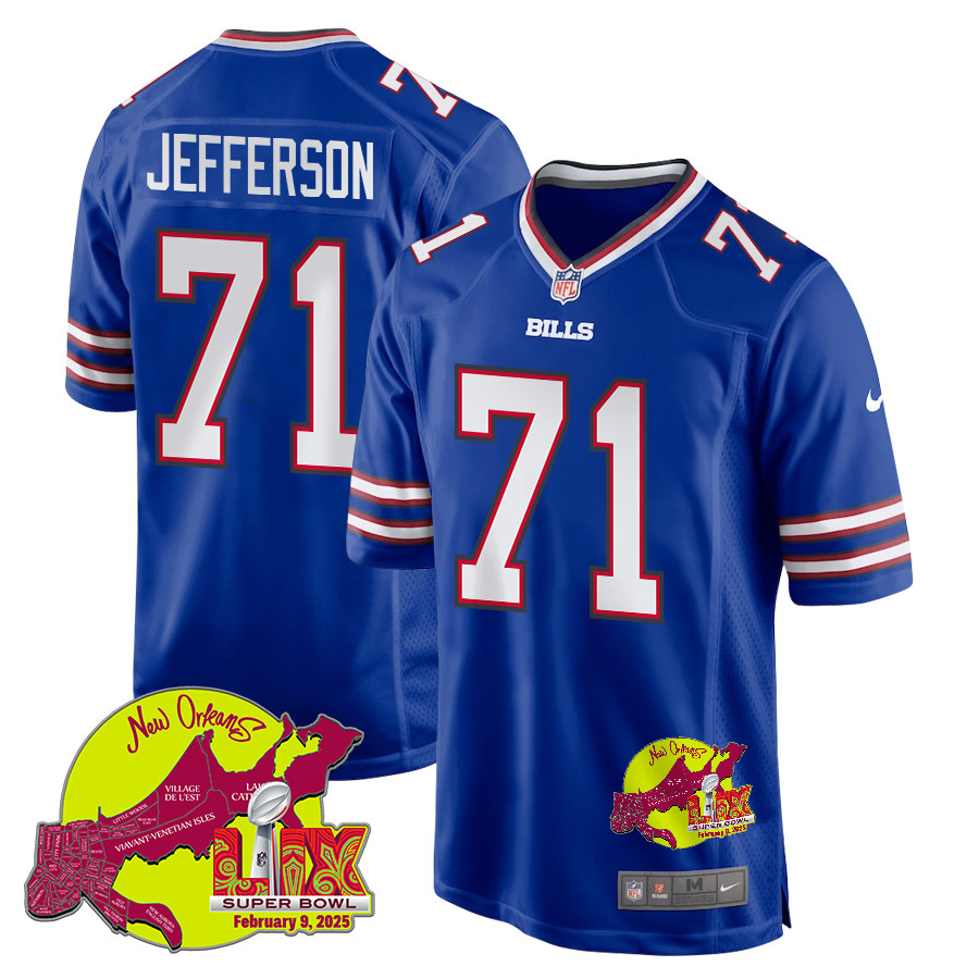 Quinton Jefferson 71 Buffalo Bills Super Bowl LIX New Orleans Patch Game Royal NFL Jersey Men's