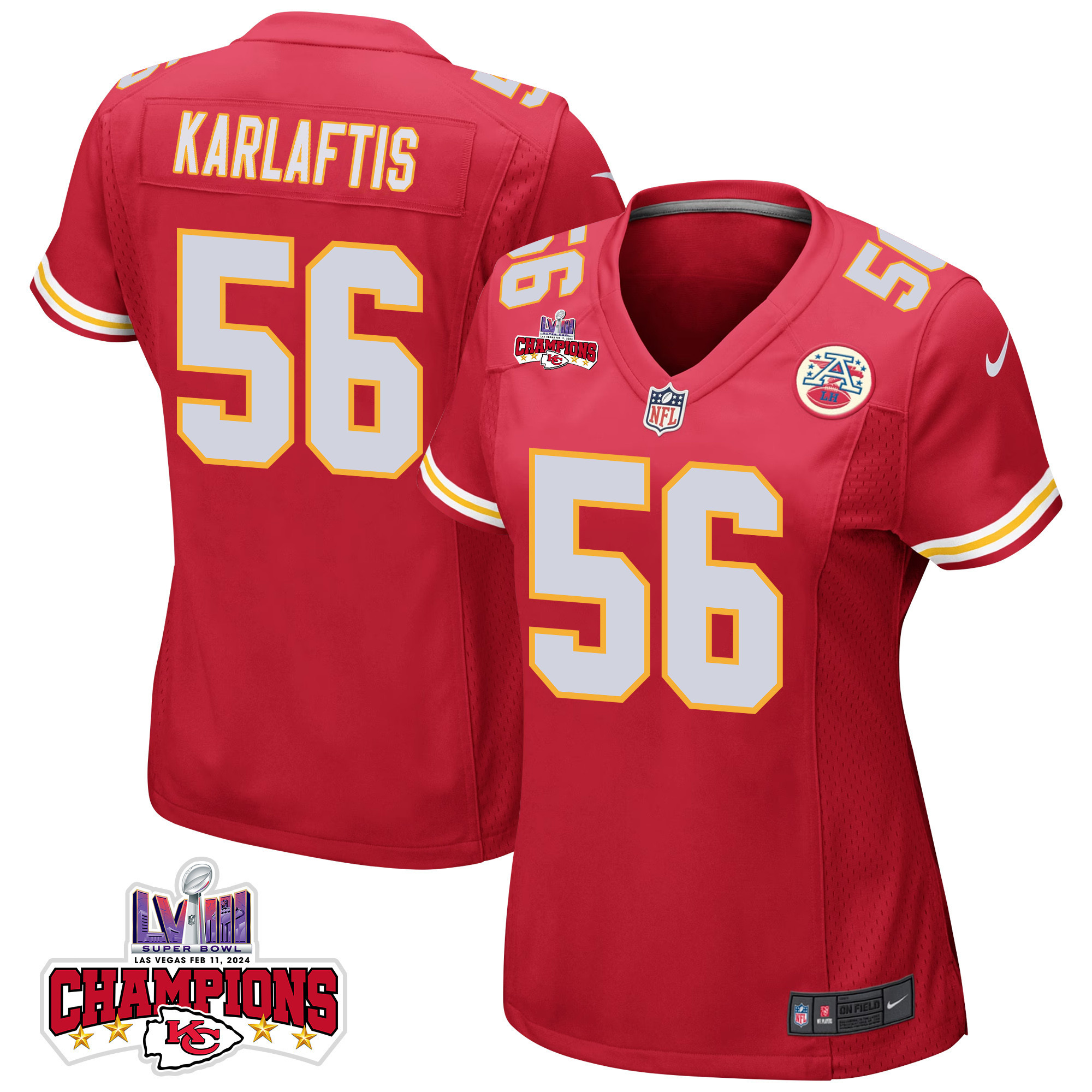 George Karlaftis 56 Kansas City Chiefs Super Bowl LVIII Champions 4 Stars Patch Game Red NFL Jersey Women's