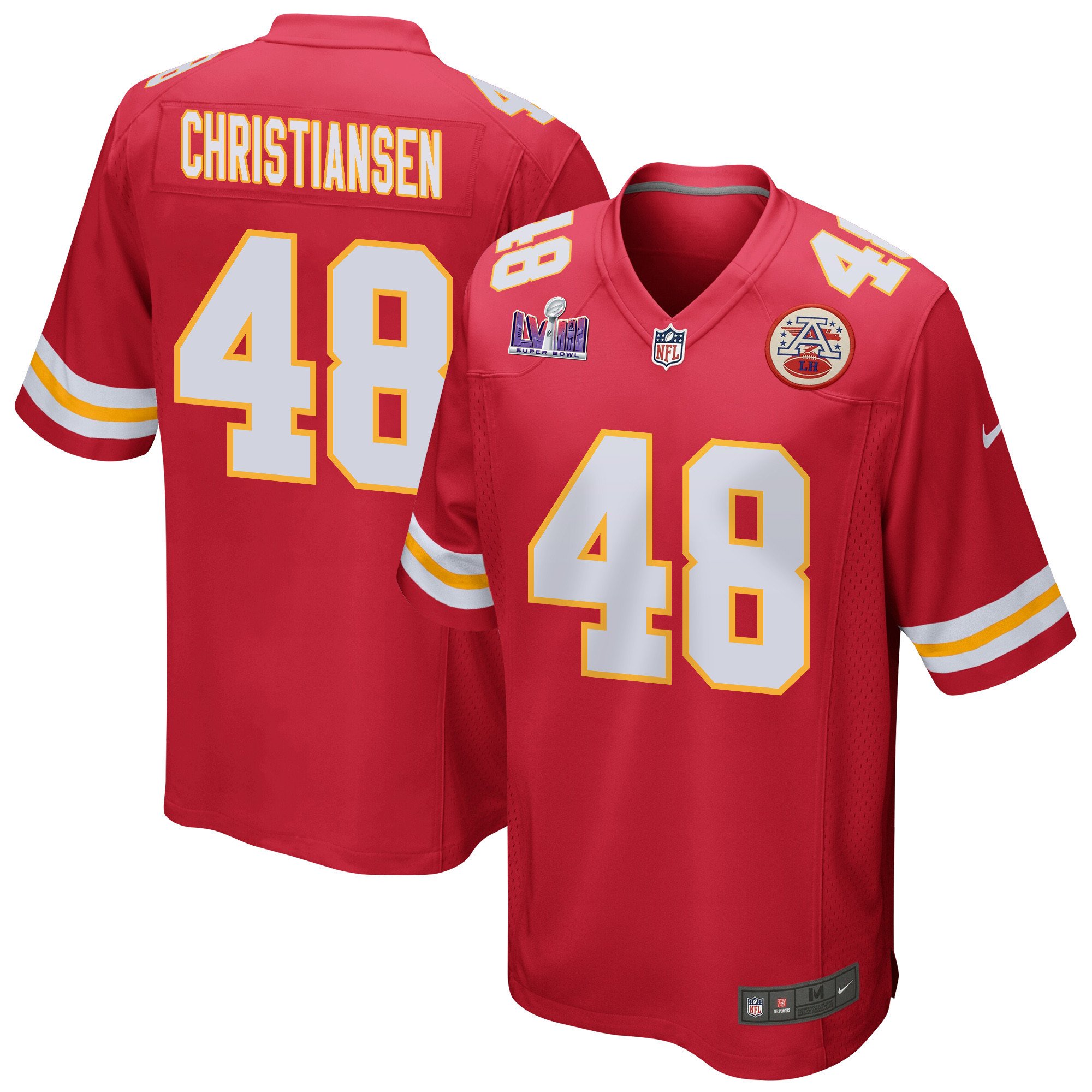 Cole Christiansen 48 Kansas City Chiefs Super Bowl LVIII Patch Game Red NFL Jersey Men's