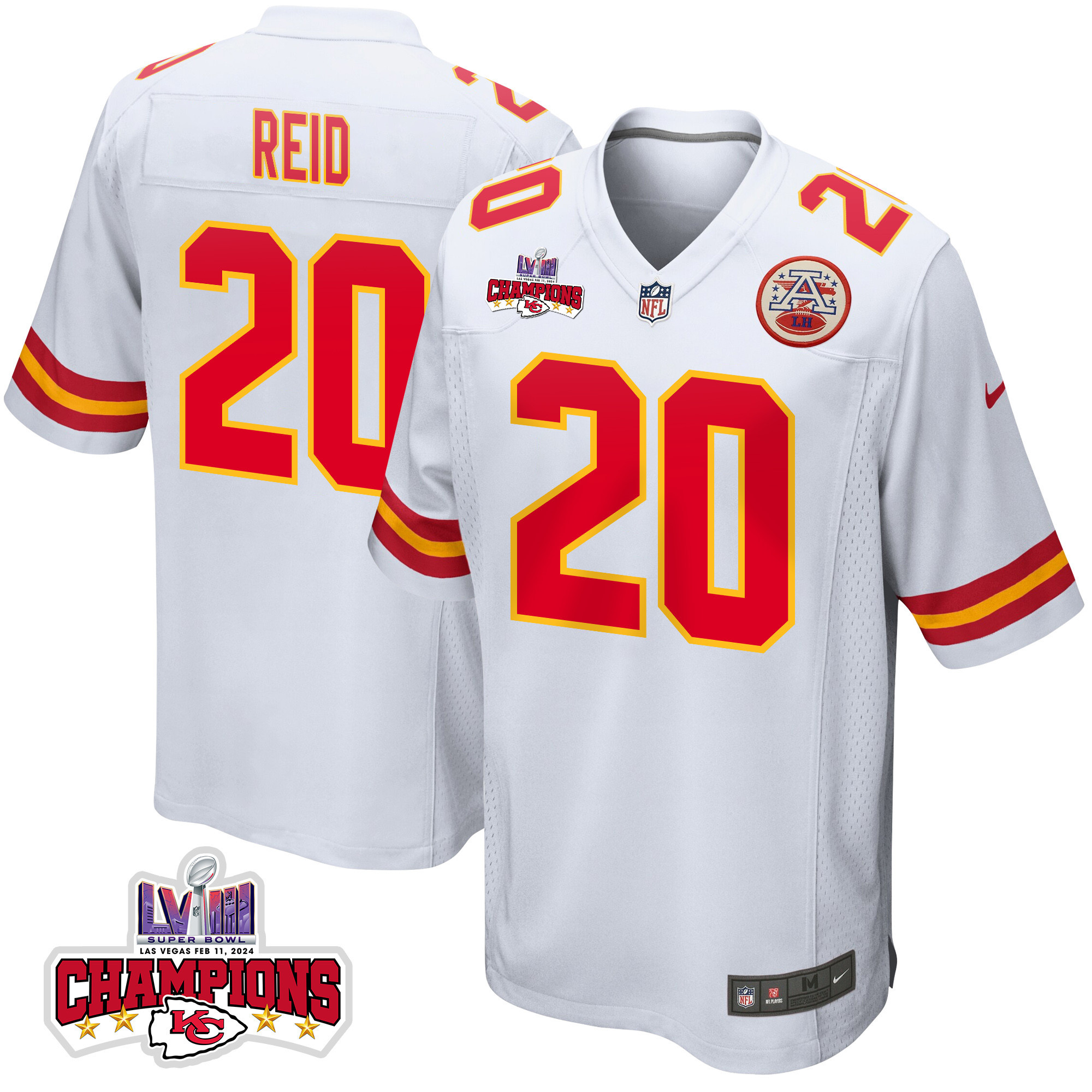 Justin Reid 20 Kansas City Chiefs Super Bowl LVIII Champions 4 Stars Patch Game White NFL Jersey Men's