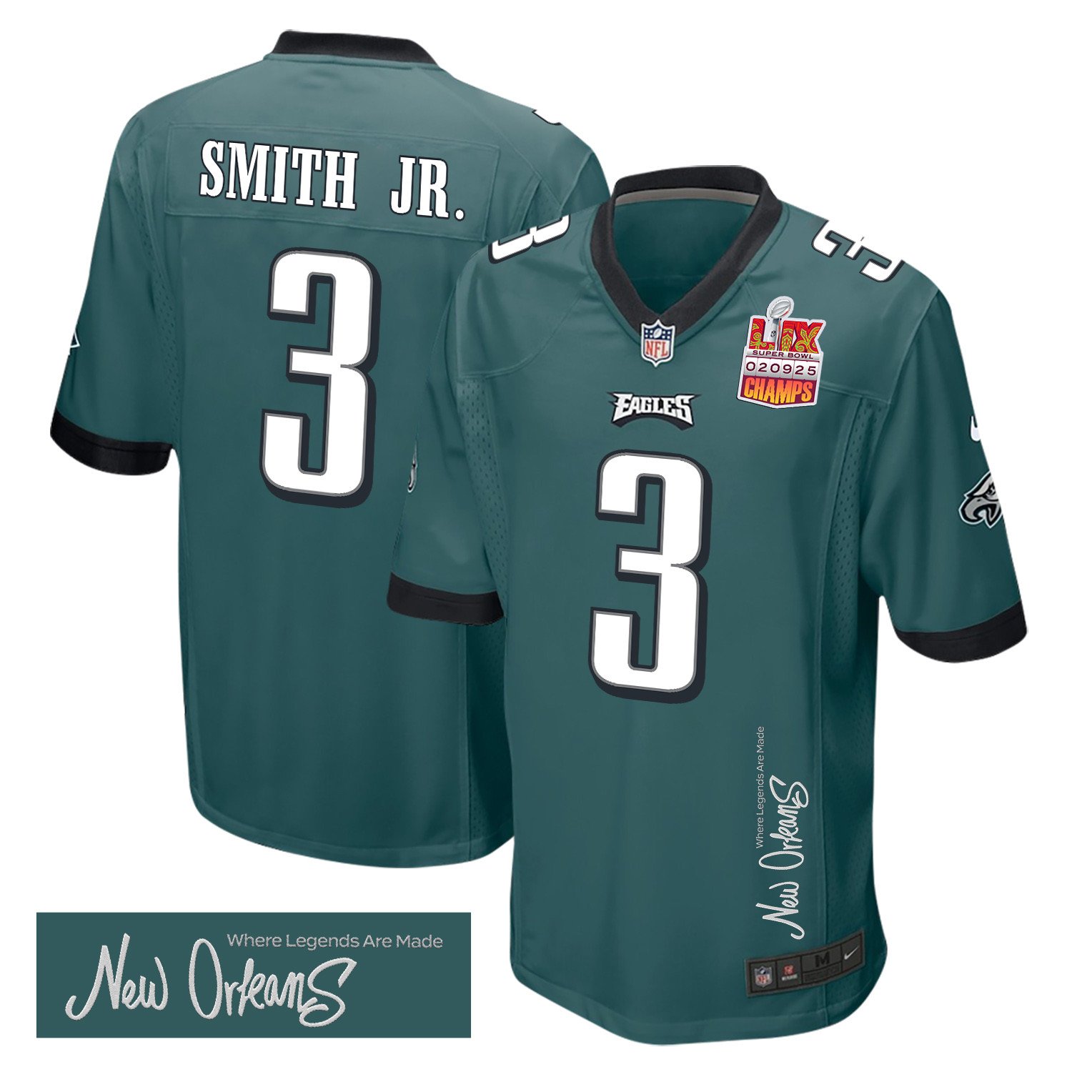 Nolan Smith Jr. 3 Philadelphia Eagles Super Bowl LIX Champions Patch New Orleans Where Legends Are Made' EMBROIDERED Game Midnight Green NFL Jersey Men's