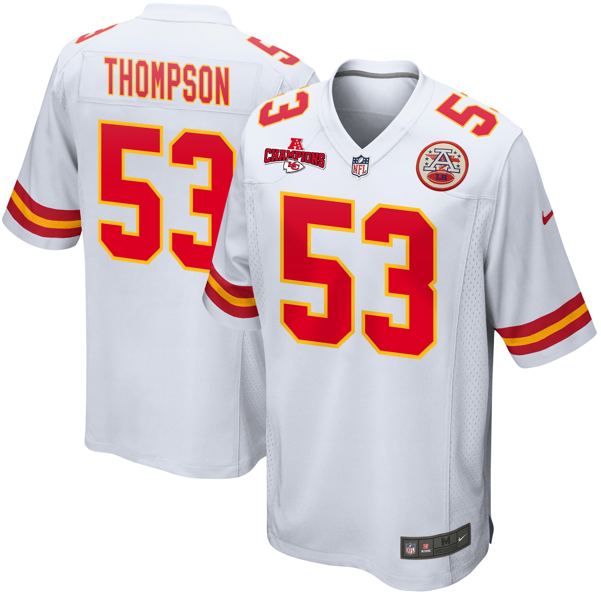 BJ Thompson 53 Kansas City Chiefs AFC Champions Patch Game White NFL Jersey Men's