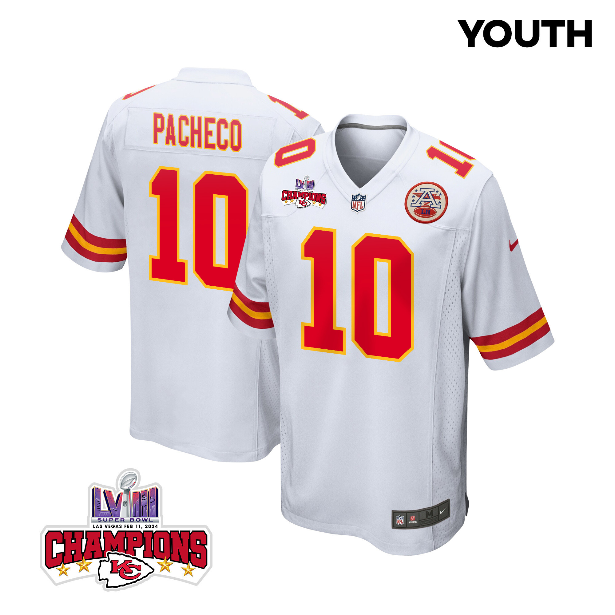 Isiah Pacheco 10 Kansas City Chiefs Super Bowl LVIII Champions 4 Stars Patch Game White NFL Jersey Youth