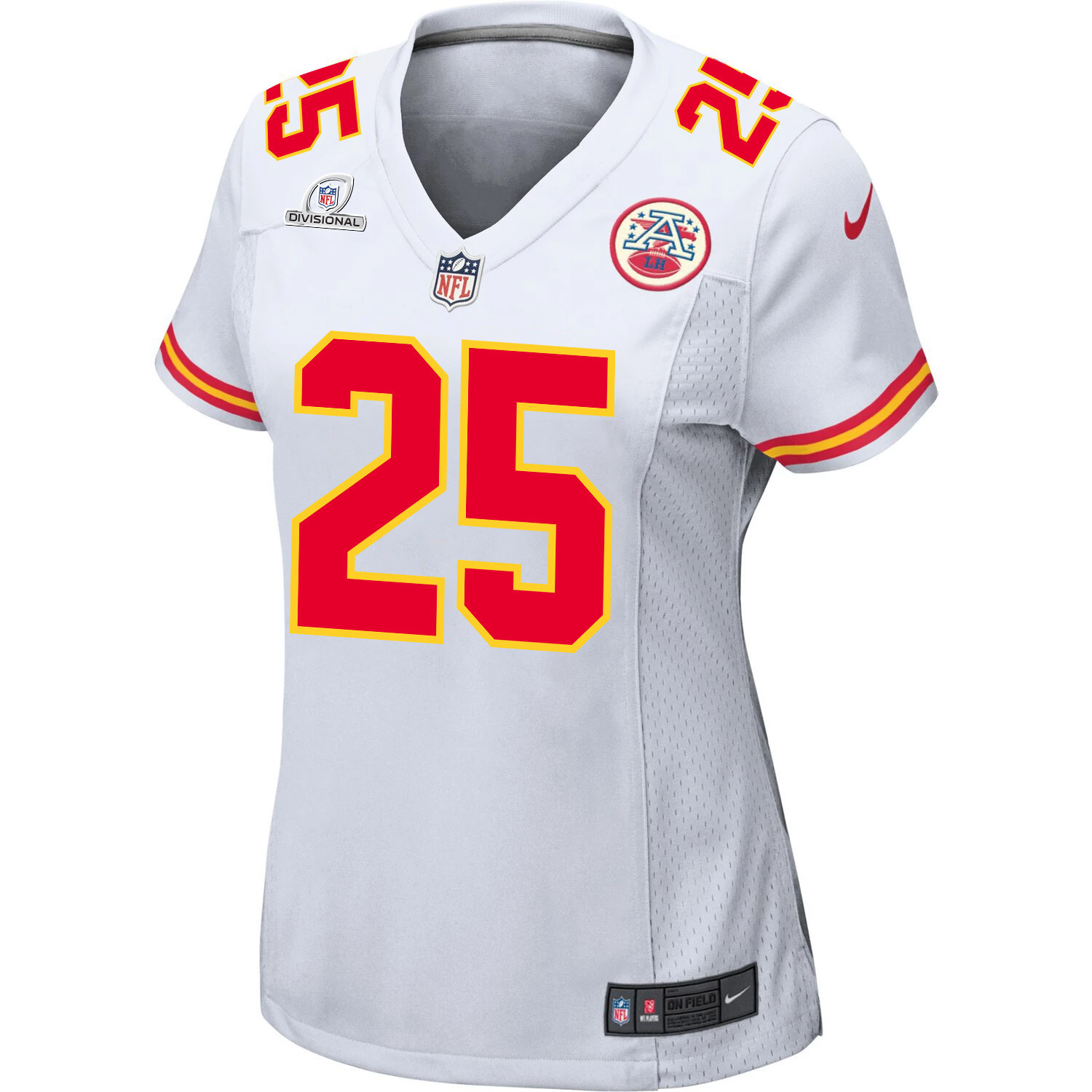 Clyde Edwards-Helaire 25 Kansas City Chiefs Super Bowl LVIII Patch Game White NFL Jersey Women's