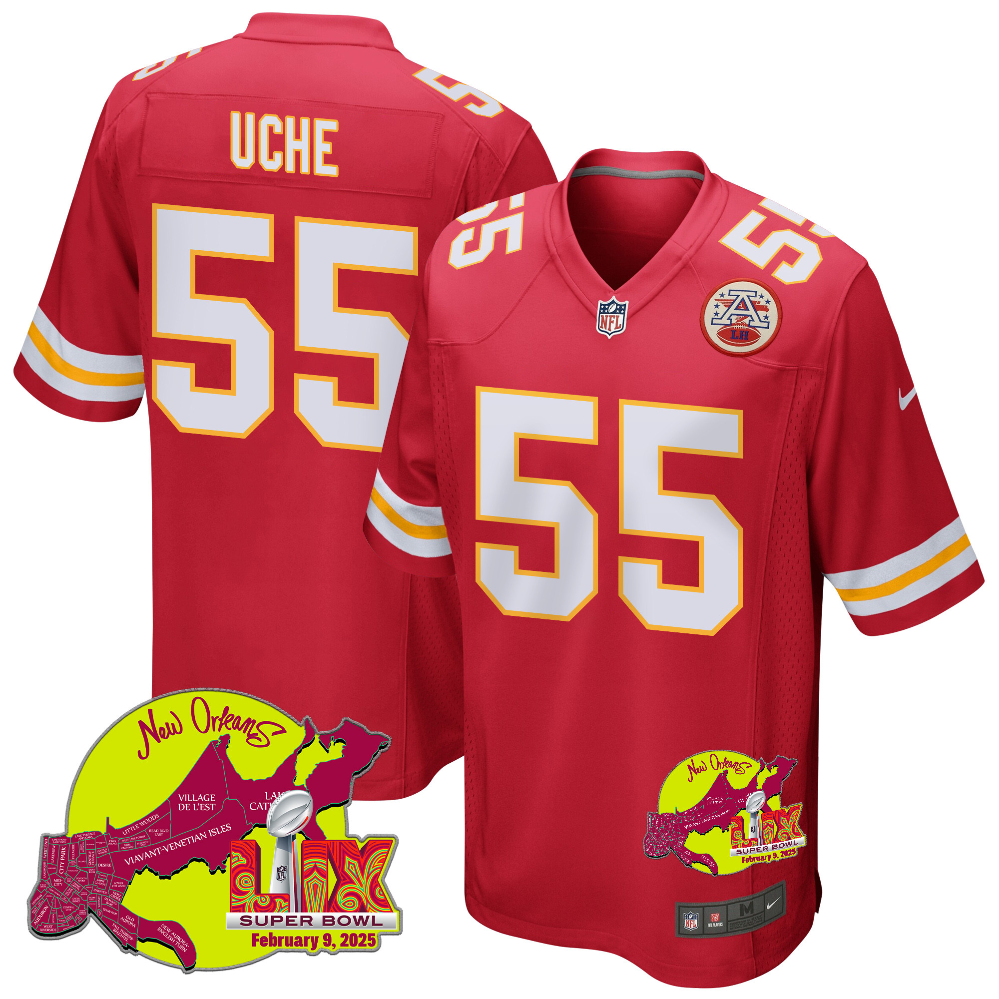 Joshua Uche 55 Kansas City Chiefs Super Bowl LIX New Orleans Patch Game Red NFL Jersey Men's