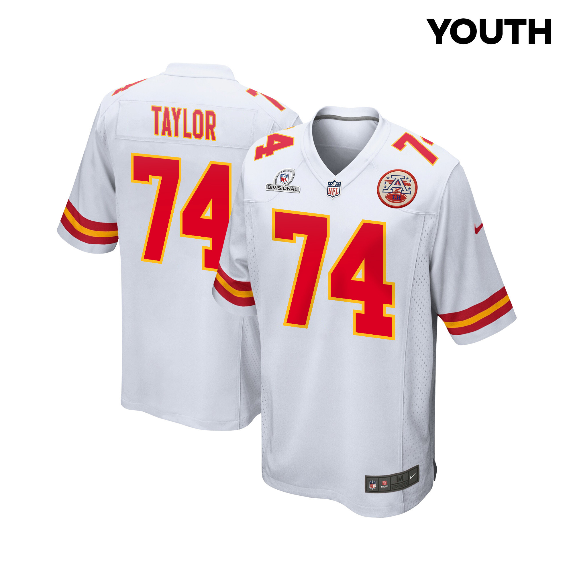 Jawaan Taylor 74 Kansas City Chiefs Super Bowl LVIII Patch Game White NFL Jersey Youth