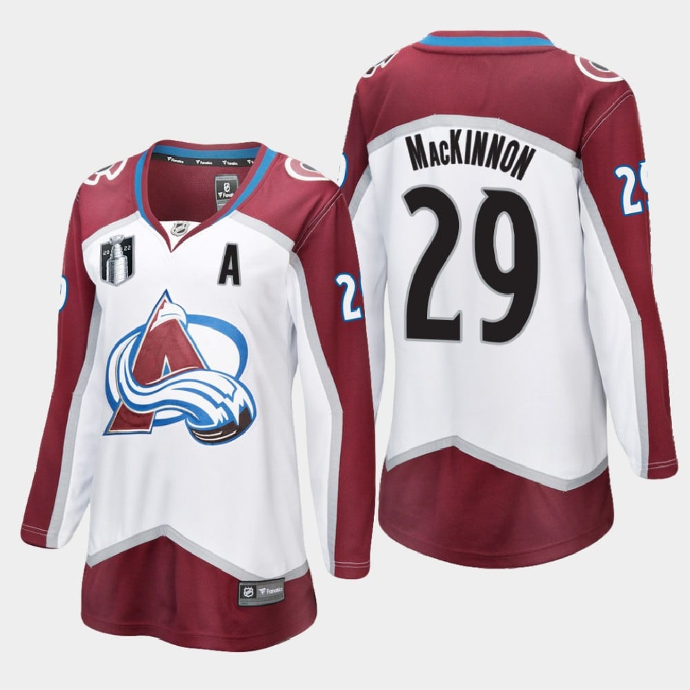 Colorado Avalanche Nathan MacKinnon 29 White 2022 Stanley Cup Final Away Women NHL Jersey Women's