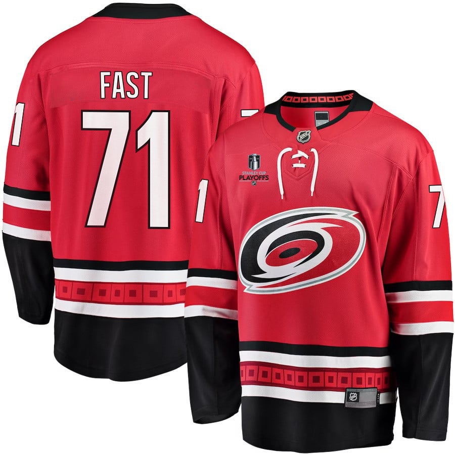 Jesper Fast 71 Carolina Hurricanes Stanley Cup 2023 Playoffs Patch Home Breakaway Red NHL Jersey Men's