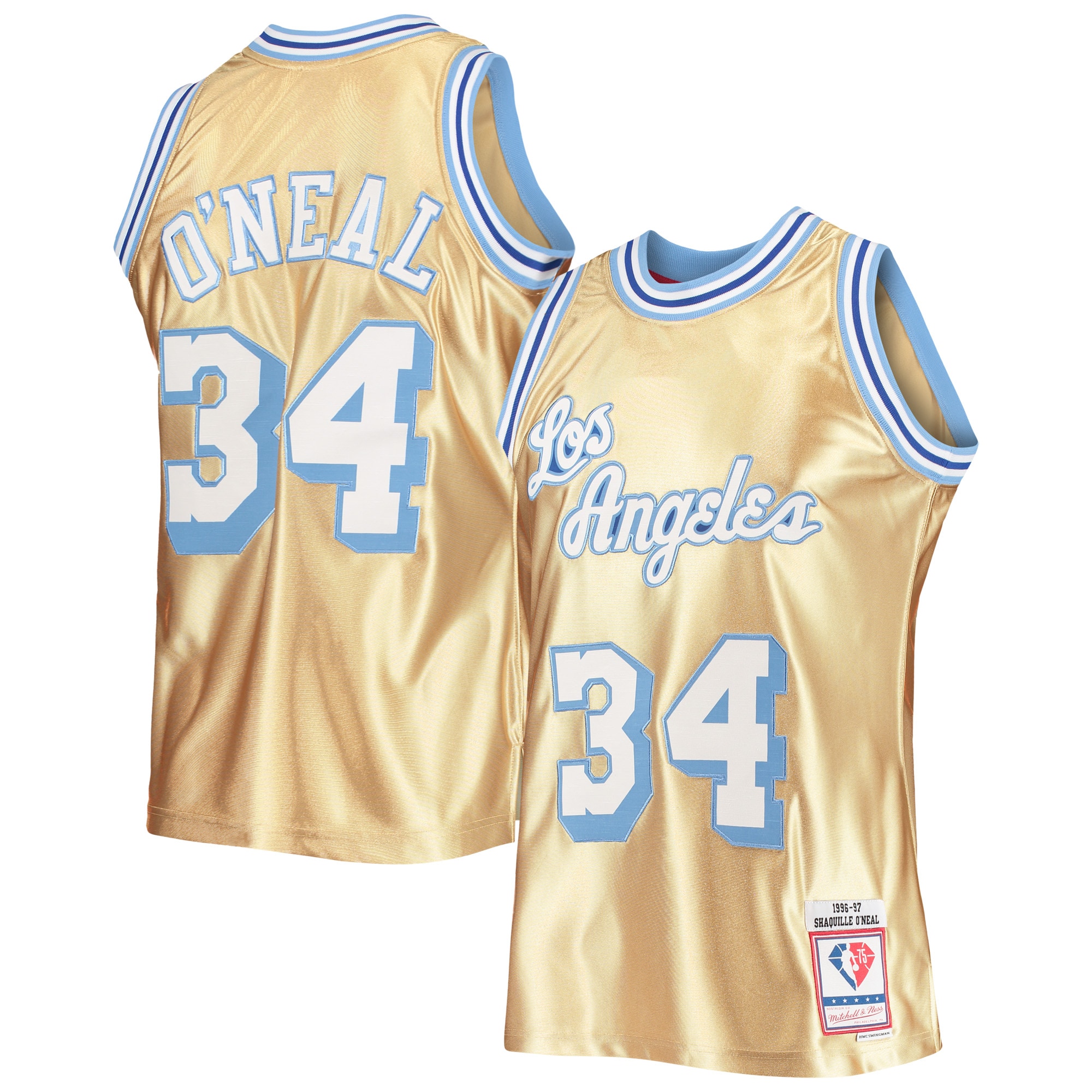 Mitchell Ness Shaquille O'Neal Gold Los Angeles Lakers 75th Anniversary 1996/97 Hardwood Classics Swingman NBA Jersey Men's