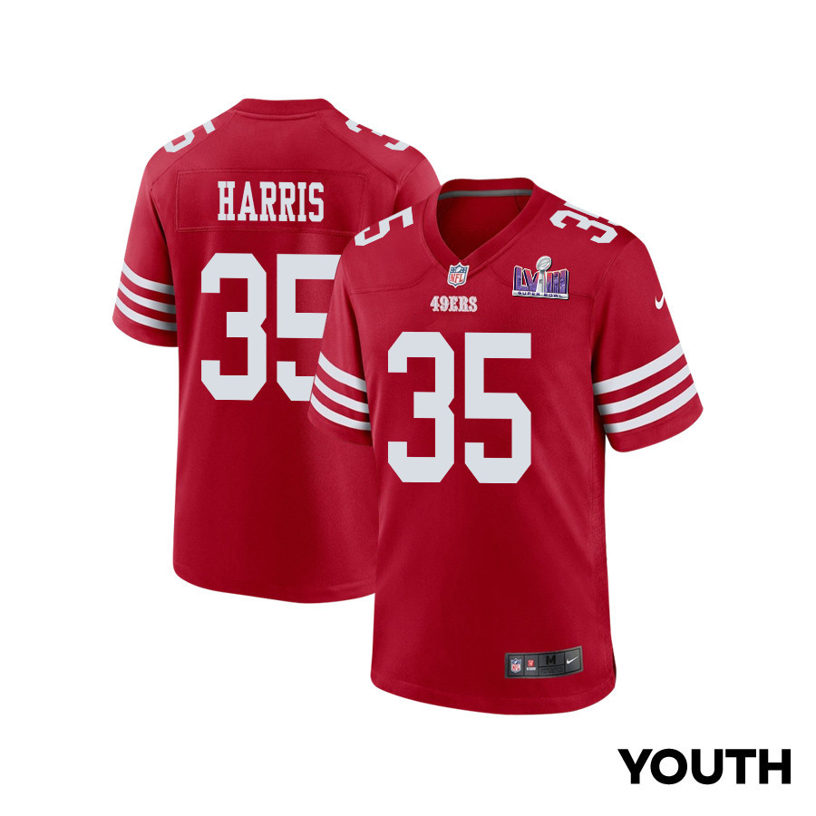 Erik Harris 35 San Francisco 49ers Super Bowl LVIII Patch Game Scarlet NFL Jersey Youth