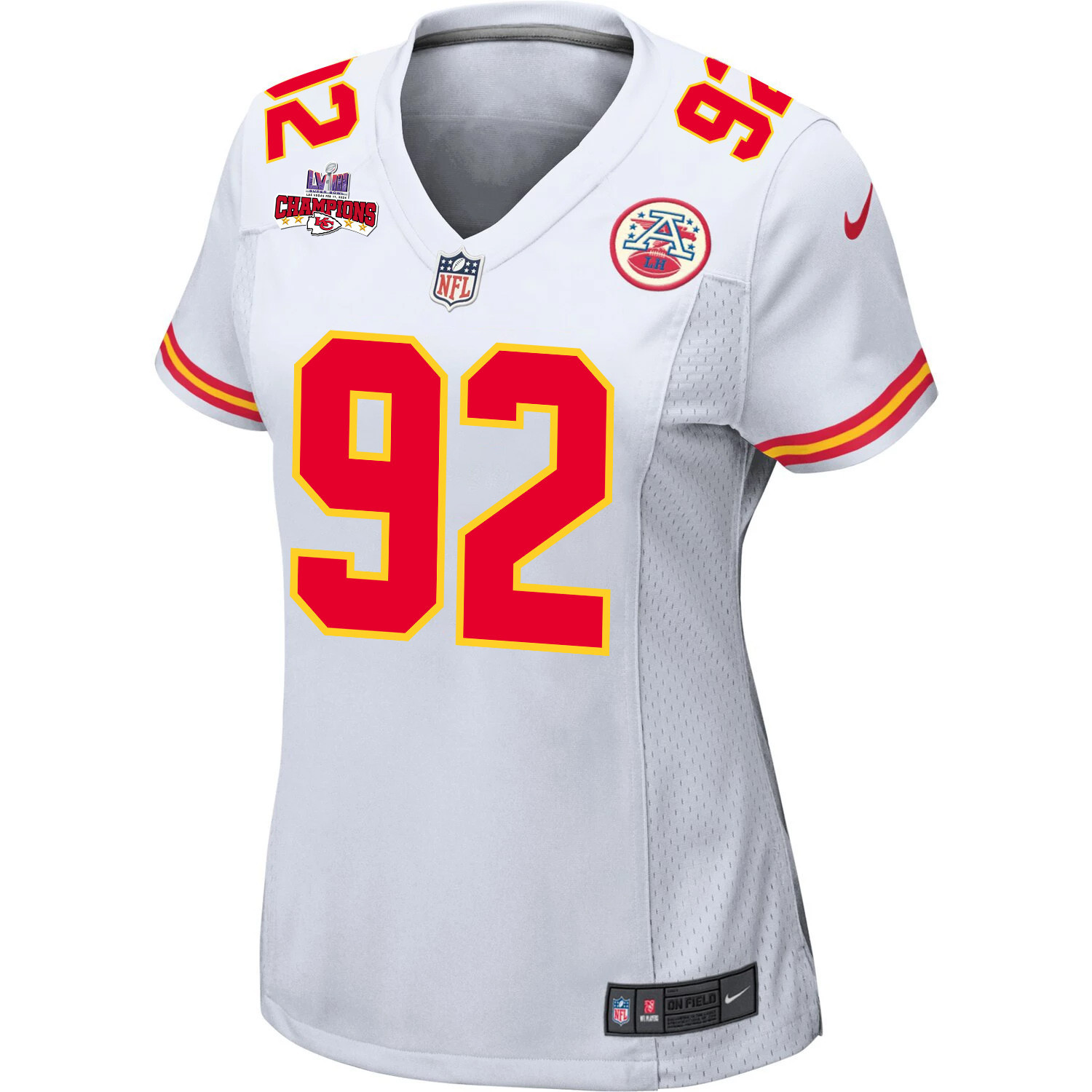 Neil Farrell 92 Kansas City Chiefs Super Bowl LVIII Champions 4 Stars Patch Game White NFL Jersey Women's