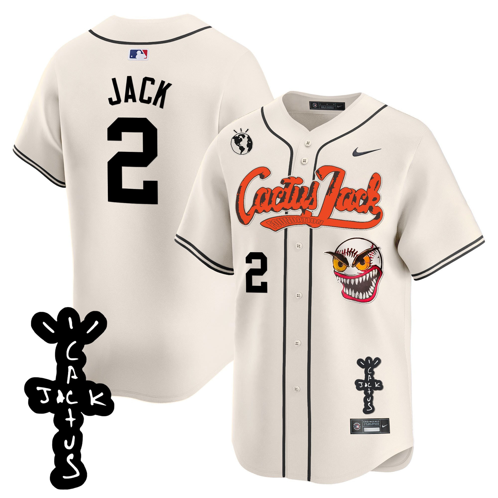 Jack 2 Houston Astros Cactus Jack Patch V2 Cream MLB Jersey Men's
