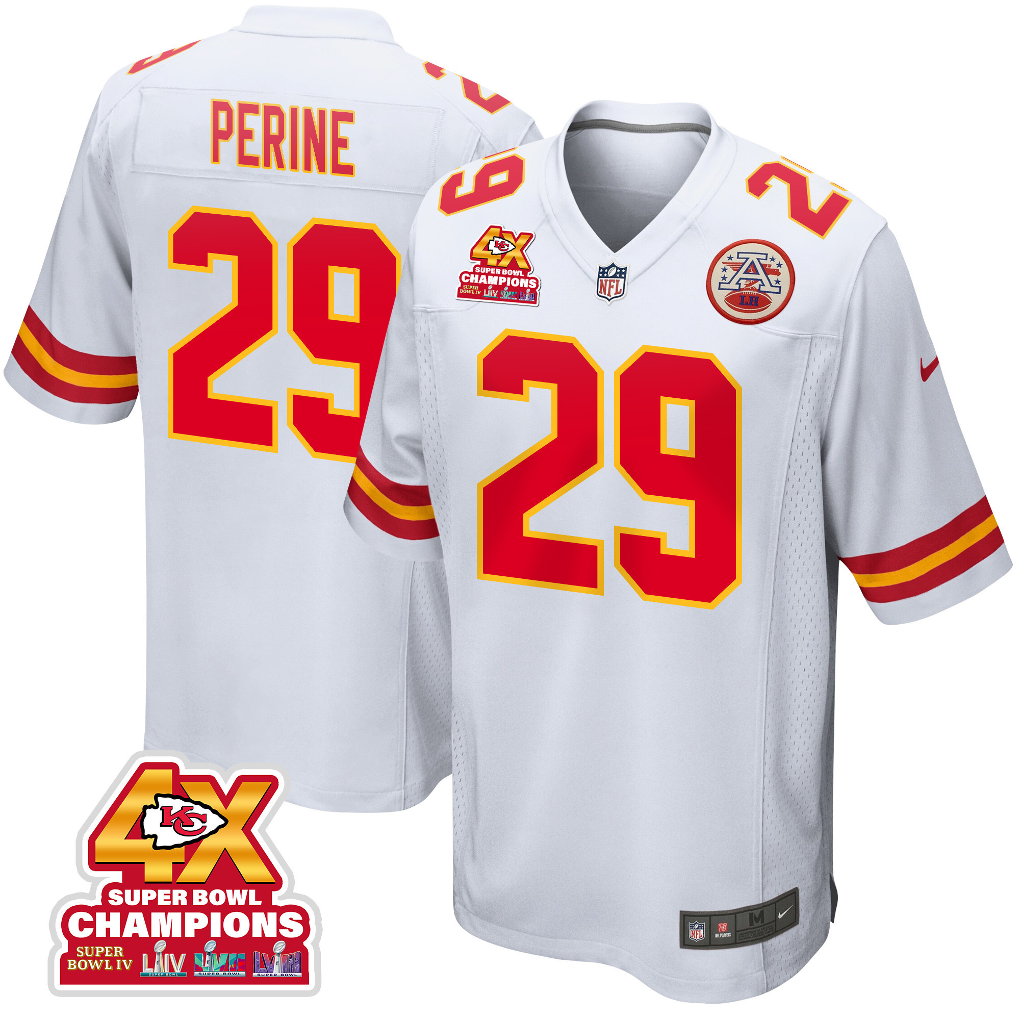 La'Mical Perine 29 Kansas City Chiefs Super Bowl LVIII Champions 4X Game White NFL Jersey Men's