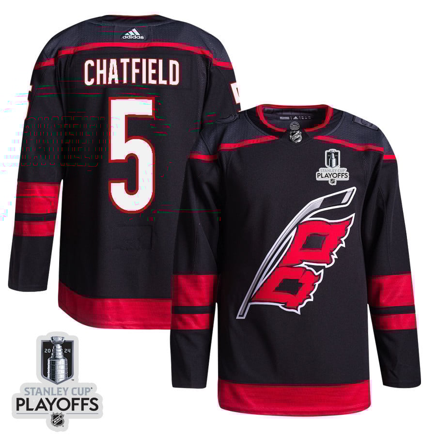 Jalen Chatfield 5 Carolina Hurricanes 2024 Playoffs Patch Home Black NHL Jersey Men's