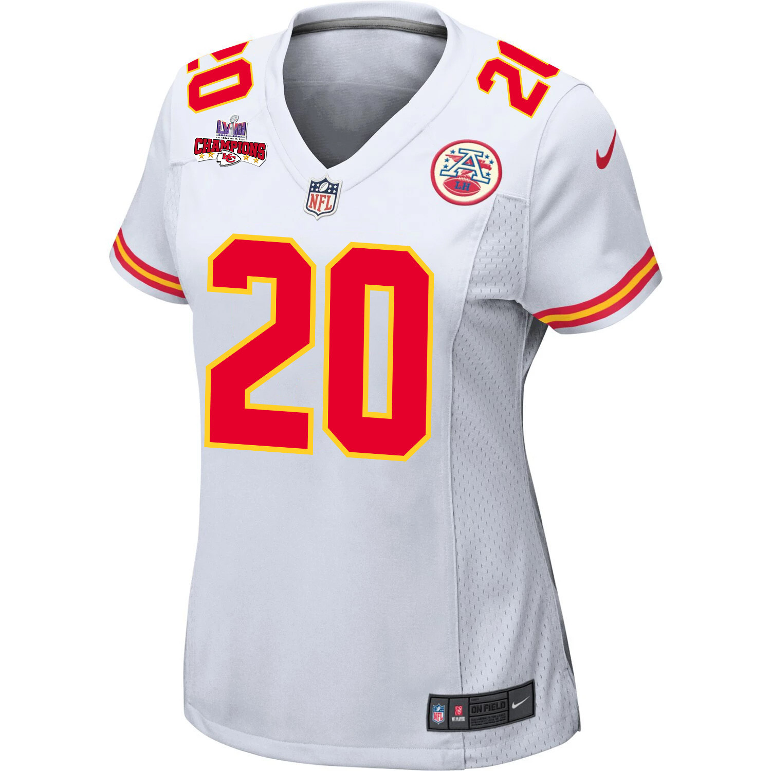 Justin Reid 20 Kansas City Chiefs Super Bowl LVIII Champions 4 Stars Patch Game White NFL Jersey Women's