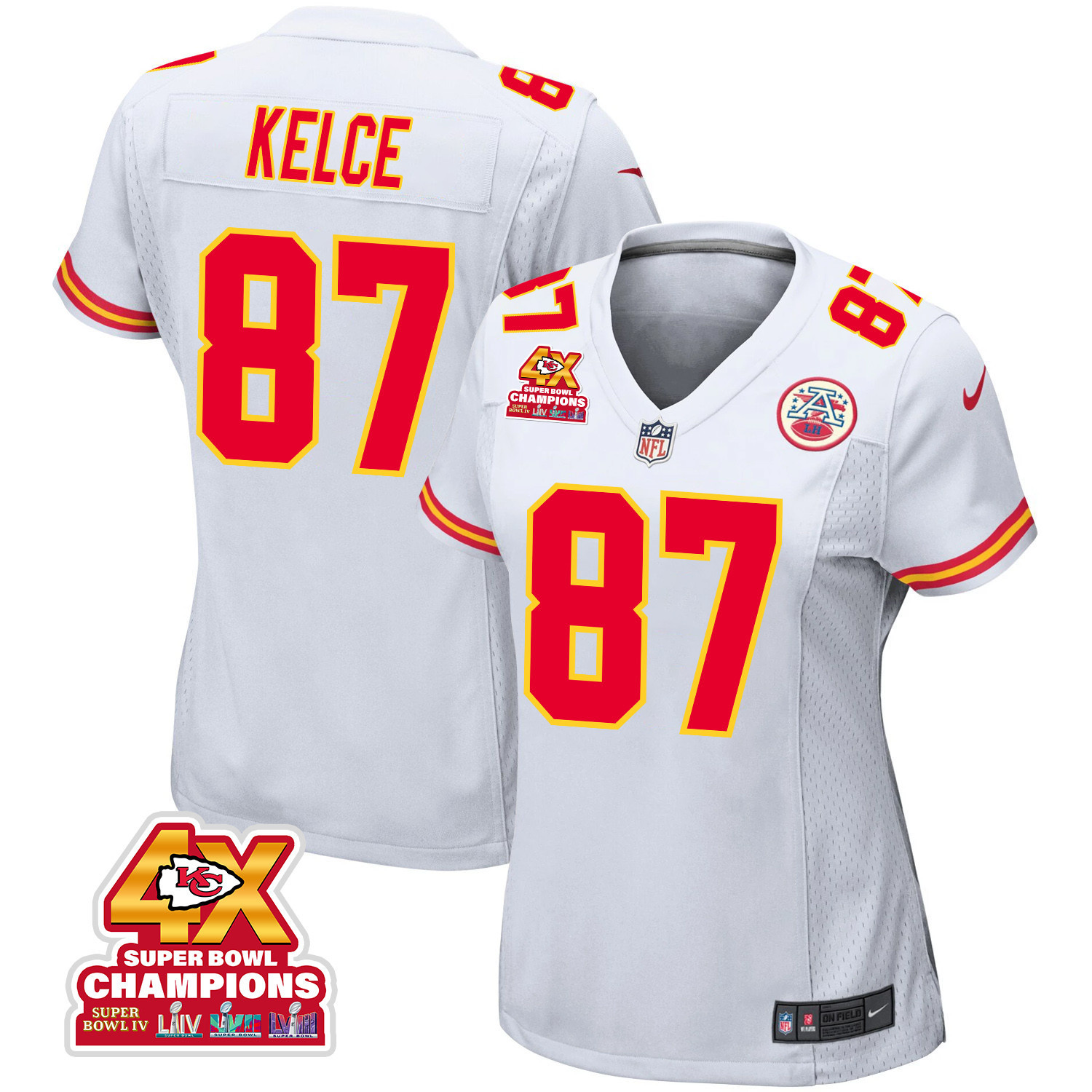Travis Kelce 87 Kansas City Chiefs Super Bowl LVIII Champions 4X Game White NFL Jersey Women's
