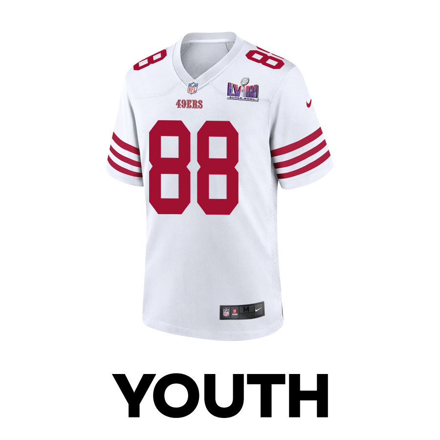 Jake Tonges 88 San Francisco 49ers Super Bowl LVIII Patch Game White NFL Jersey Youth