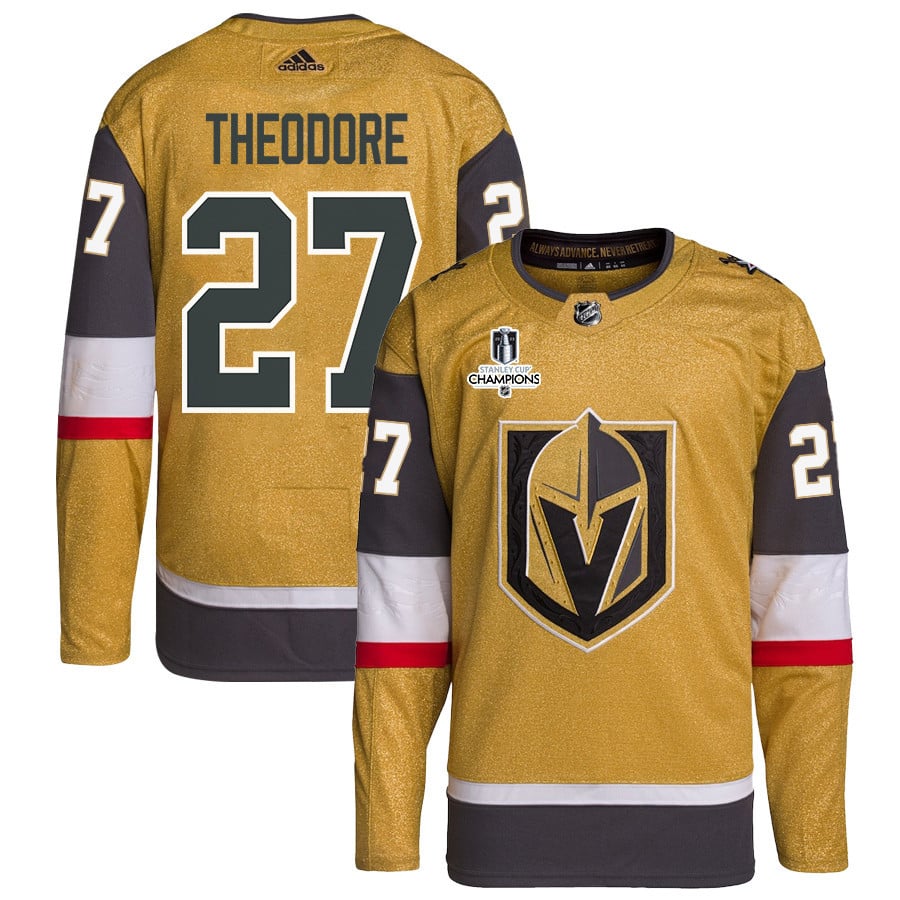 Shea Theodore 27 Vegas Golden Knights Stanley Cup 2023 Champions Patch Home Breakaway Gold NHL Jersey Men's