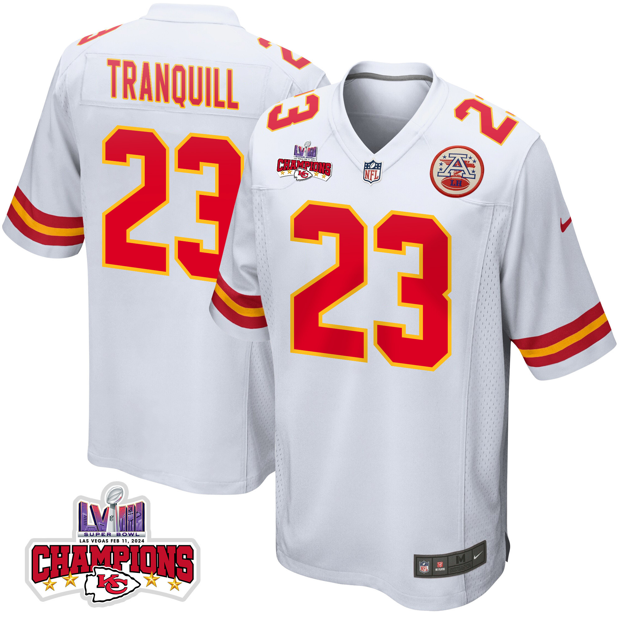 Drue Tranquill 23 Kansas City Chiefs Super Bowl LVIII Champions 4 Stars Patch Game White NFL Jersey Men's