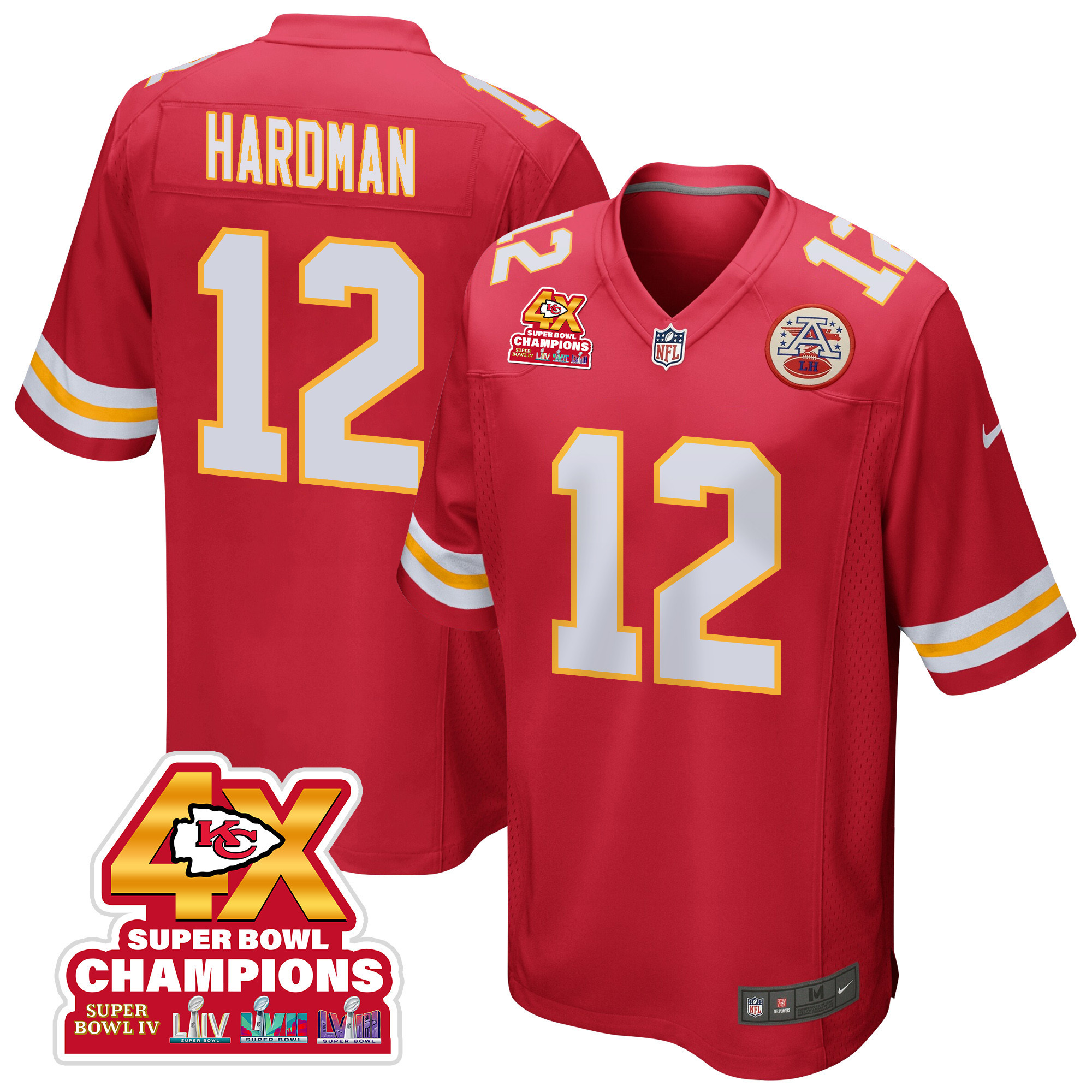 Mecole Hardman 12 Kansas City Chiefs Super Bowl LVIII Champions 4X Game Red NFL Jersey Men's