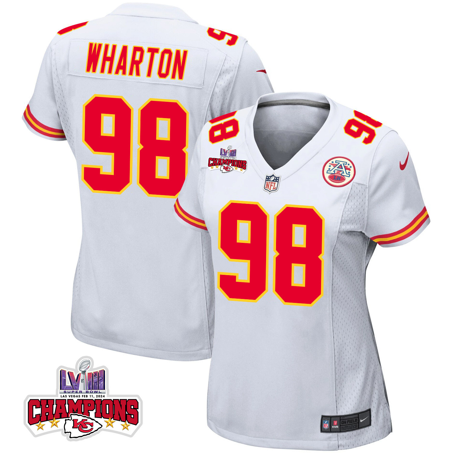 Tershawn Wharton 98 Kansas City Chiefs Super Bowl LVIII Champions 4 Stars Patch Game White NFL Jersey Women's