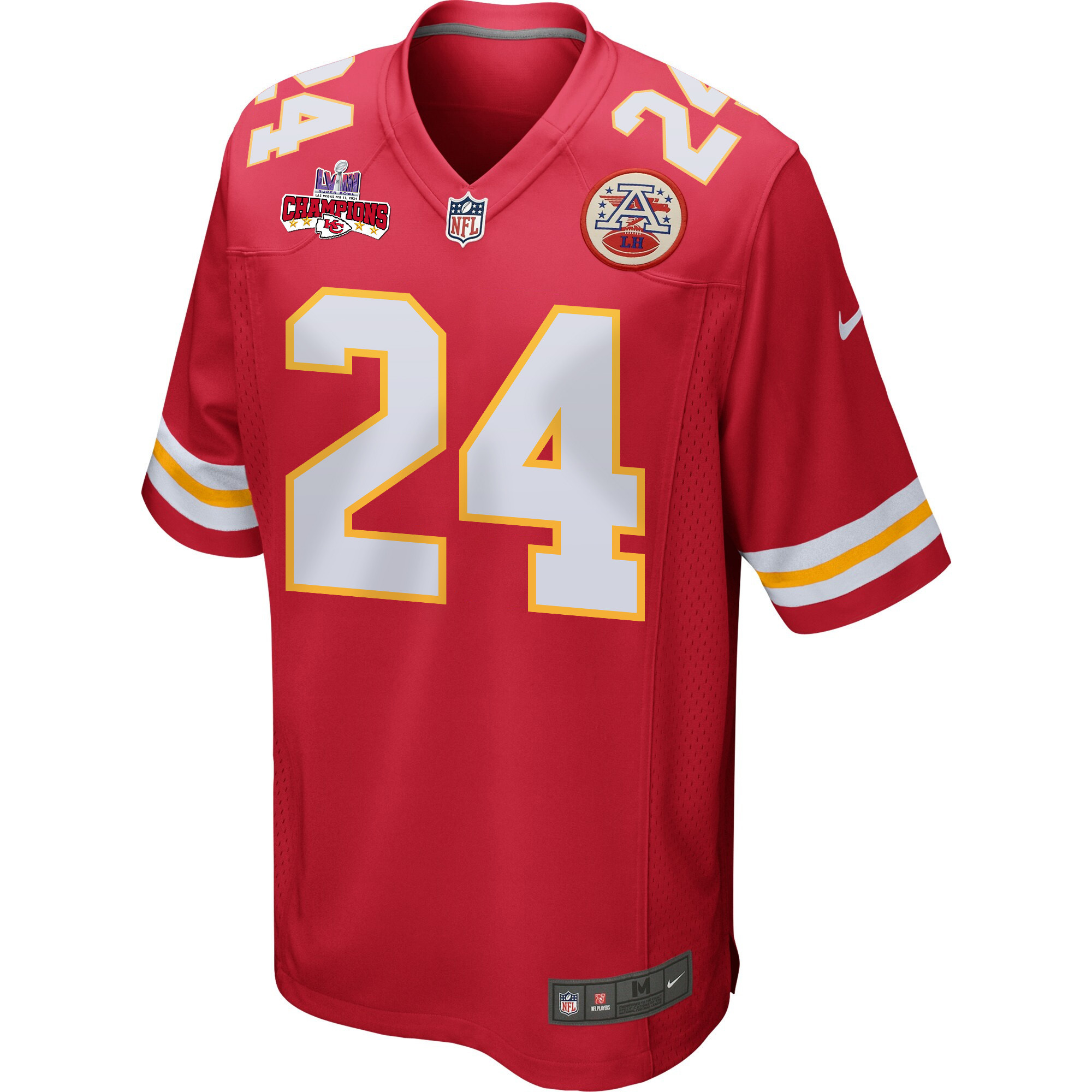 Skyy Moore 24 Kansas City Chiefs Super Bowl LVIII Champions 4 Stars Patch Game Red NFL Jersey Men's