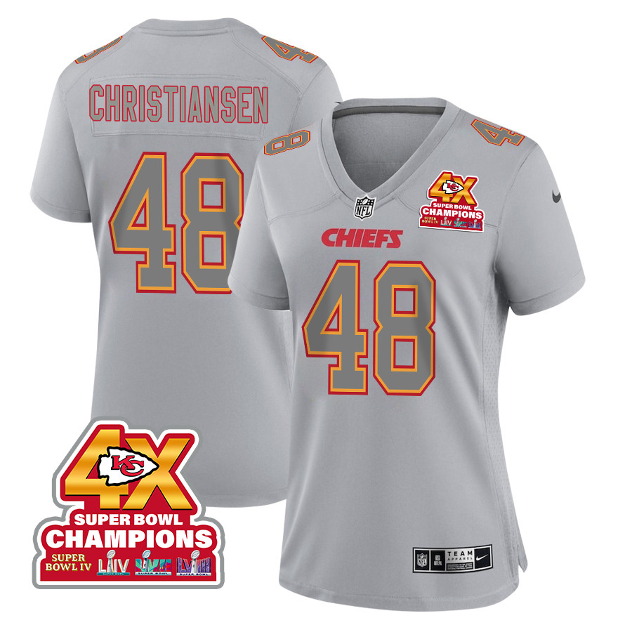 Cole Christiansen 48 Kansas City Chiefs Super Bowl LVIII Champions 4X Atmosphere Fashion Game Gray NFL Jersey Women's