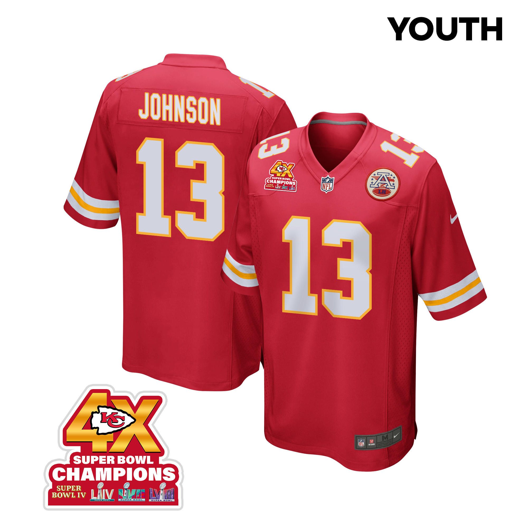 Nazeeh Johnson 13 Kansas City Chiefs Super Bowl LVIII Champions 4X Game Red NFL Jersey Youth