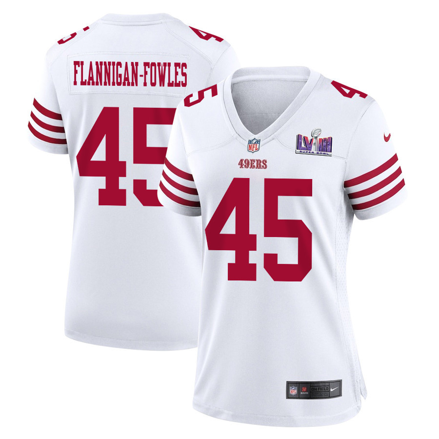 Demetrius Flannigan-Fowles 45 San Francisco 49ers Super Bowl LVIII Patch Game White NFL Jersey Women's