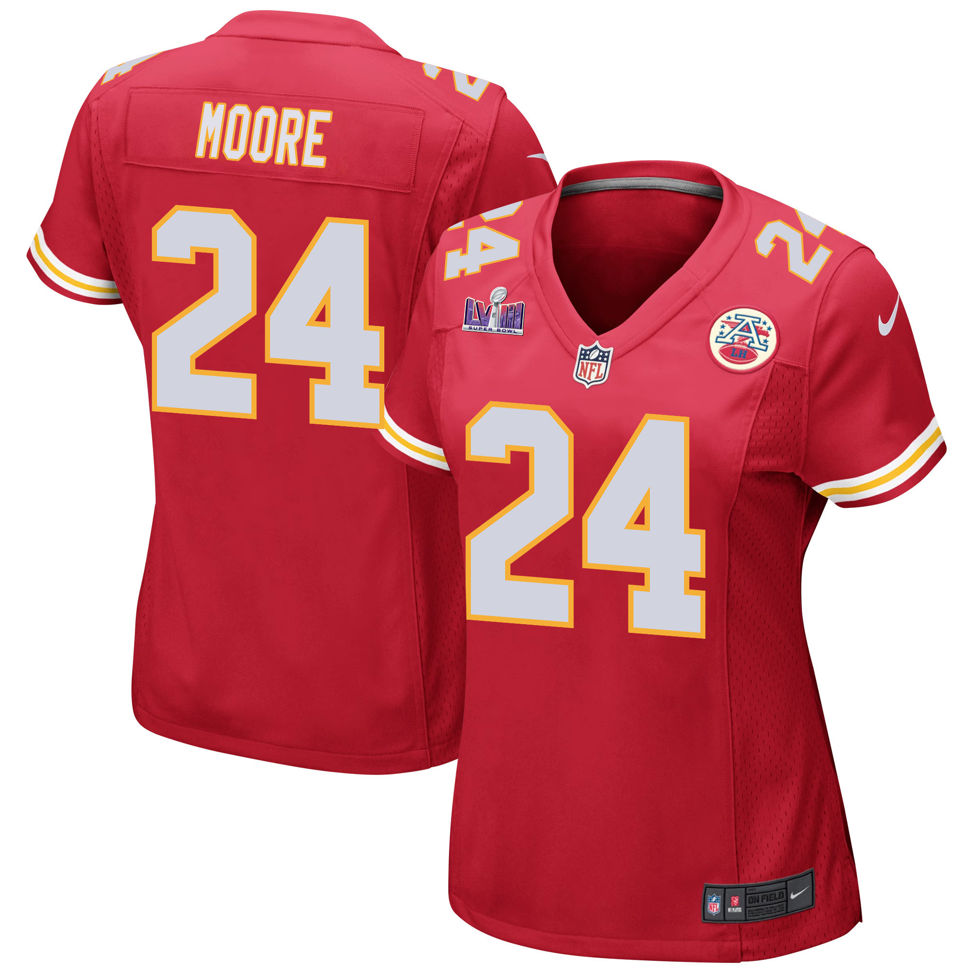 Skyy Moore 24 Kansas City Chiefs Super Bowl LVIII Patch Game Red NFL Jersey Women's