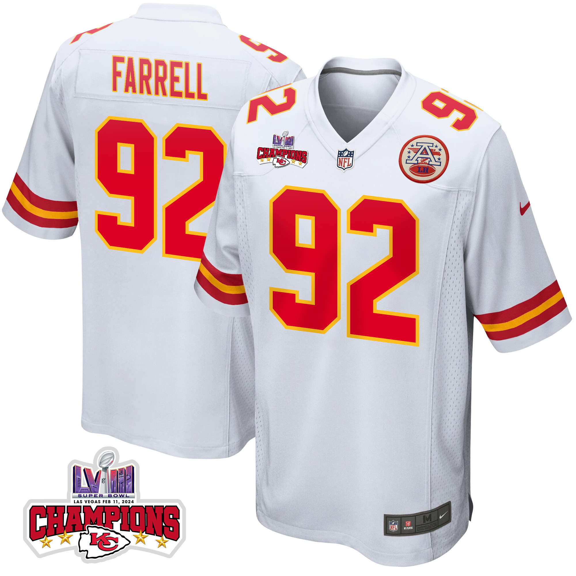 Neil Farrell 92 Kansas City Chiefs Super Bowl LVIII Champions 4 Stars Patch Game White NFL Jersey Men's