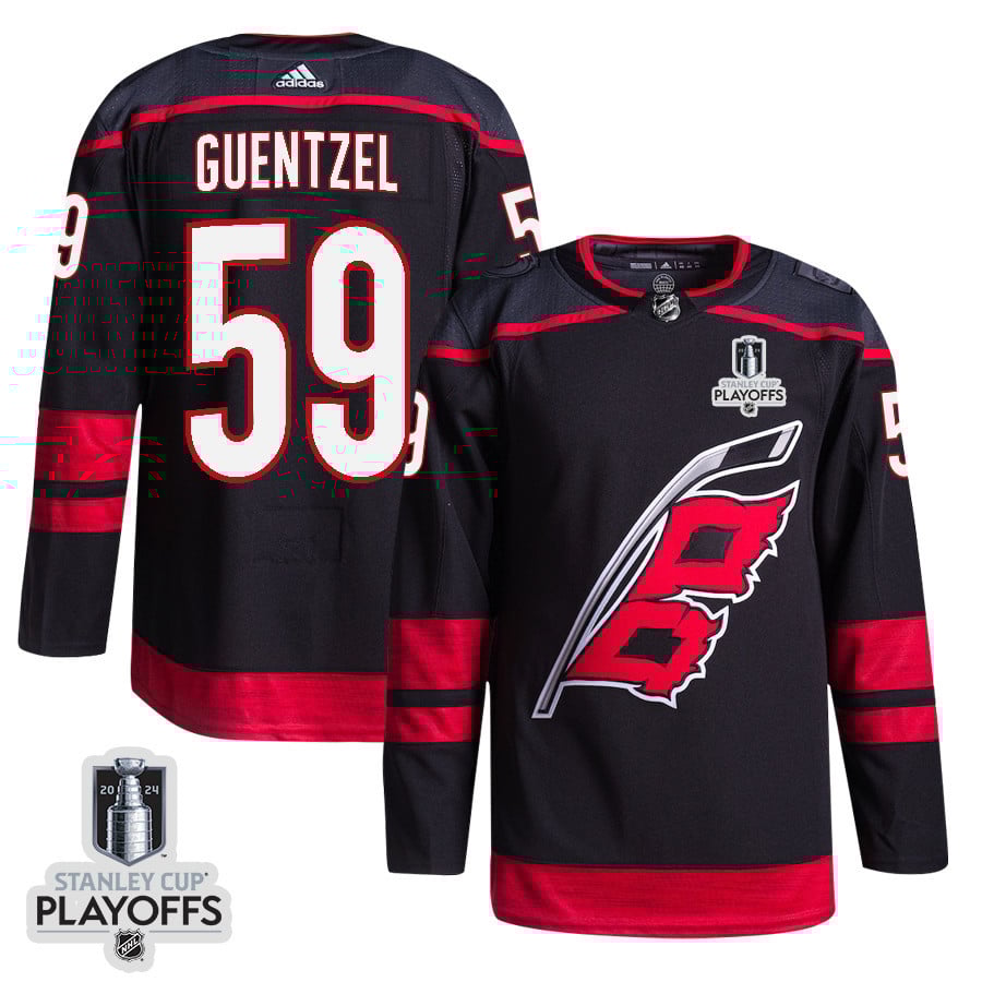Jake Guentzel 59 Carolina Hurricanes 2024 Playoffs Patch Home Black NHL Jersey Men's