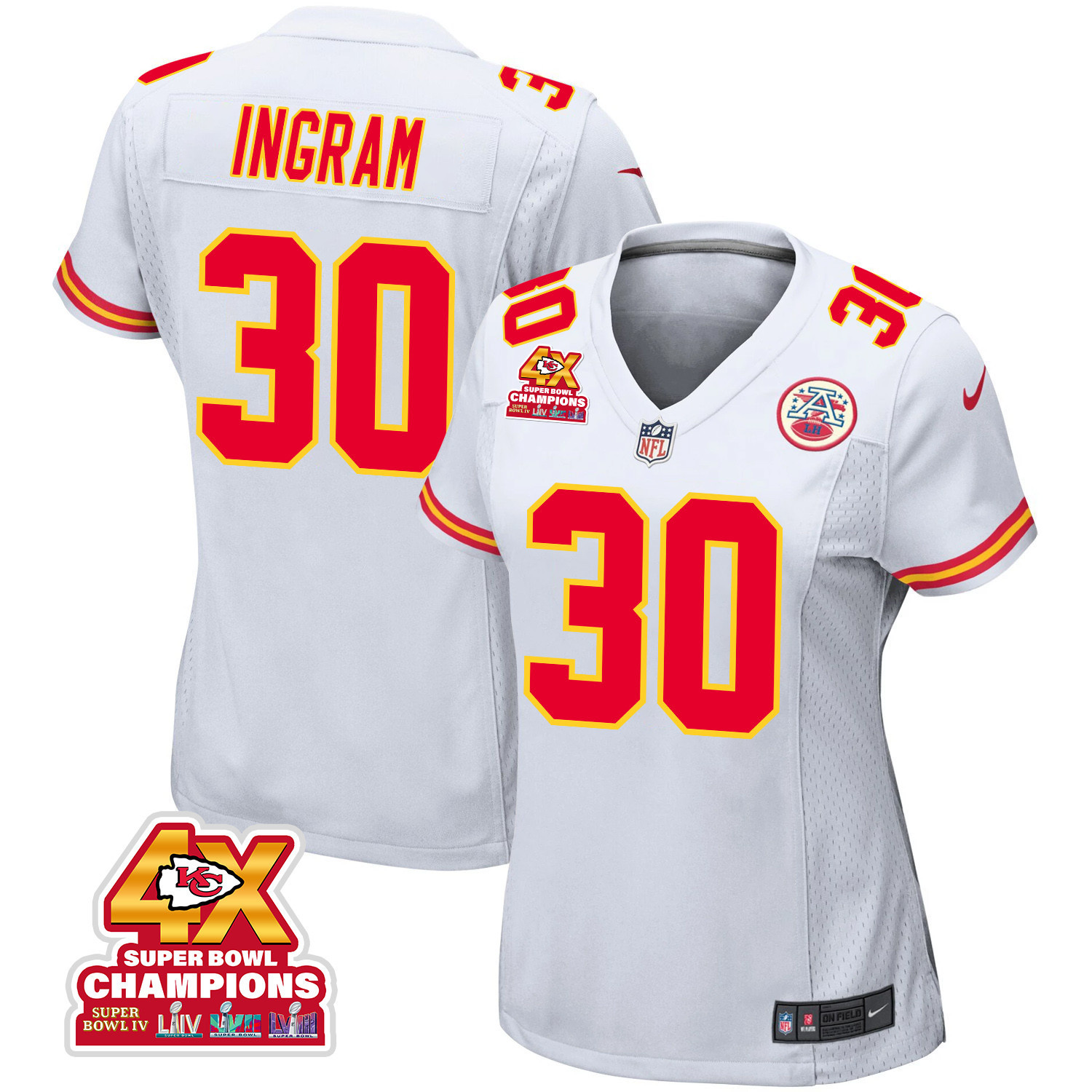 Keaontay Ingram 30 Kansas City Chiefs Super Bowl LVIII Champions 4X Game White NFL Jersey Women's