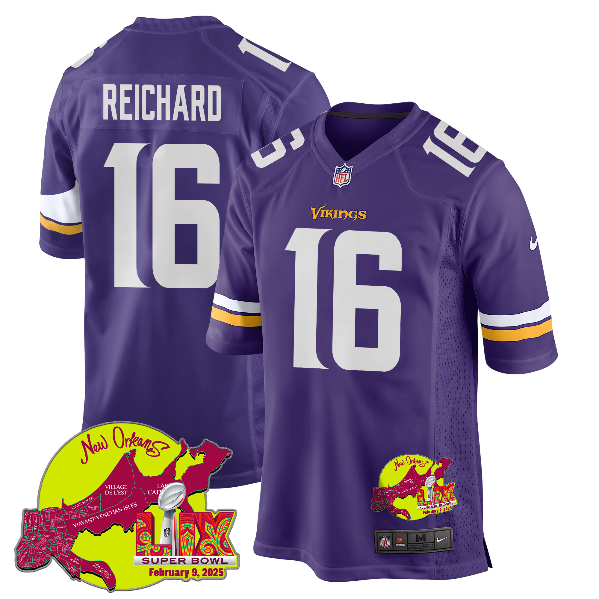 Will Reichard 16 Minnesota Vikings Super Bowl LIX New Orleans Patch Game Purple NFL Jersey Men's