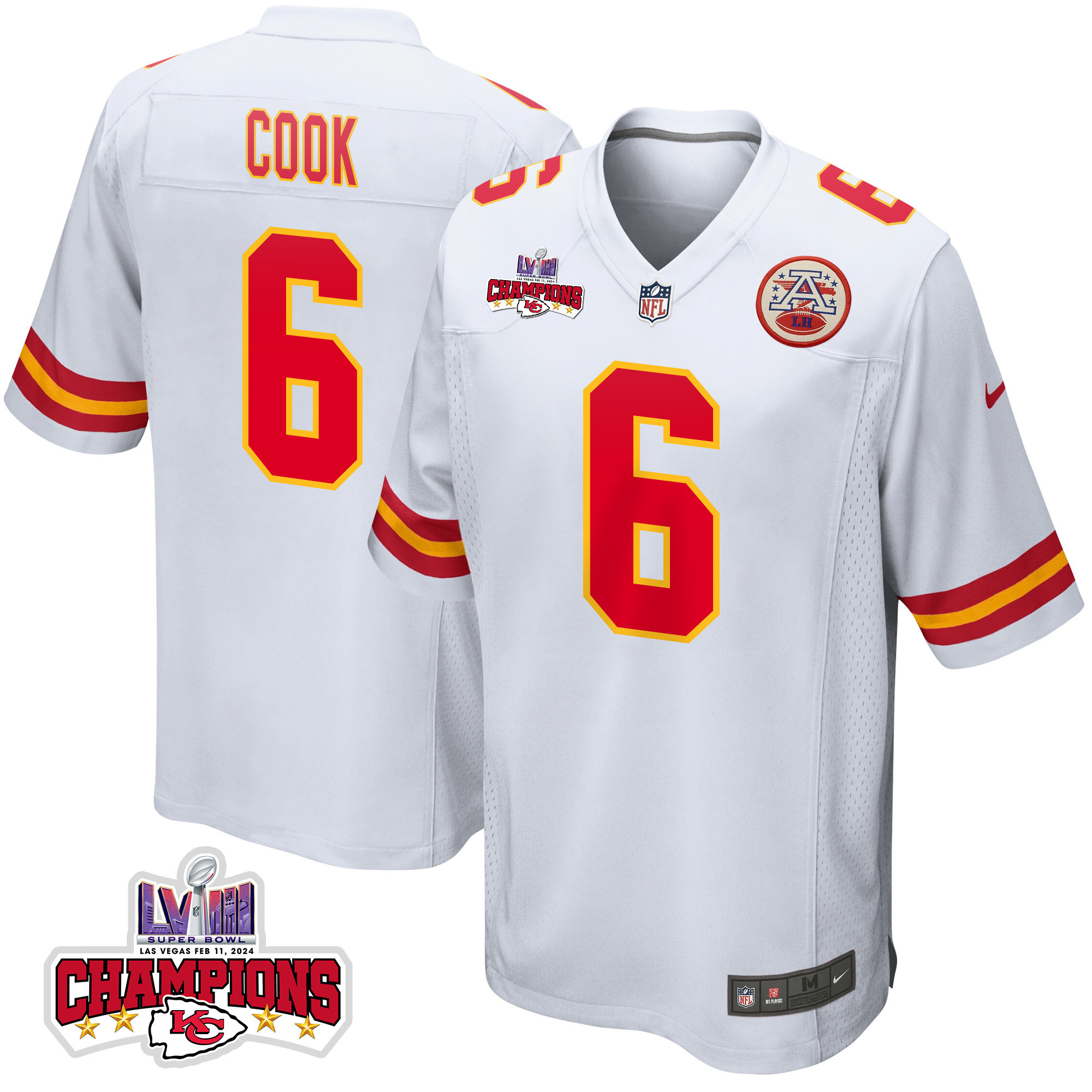 Bryan Cook 6 Kansas City Chiefs Super Bowl LVIII Champions 4 Stars Patch Game White NFL Jersey Men's