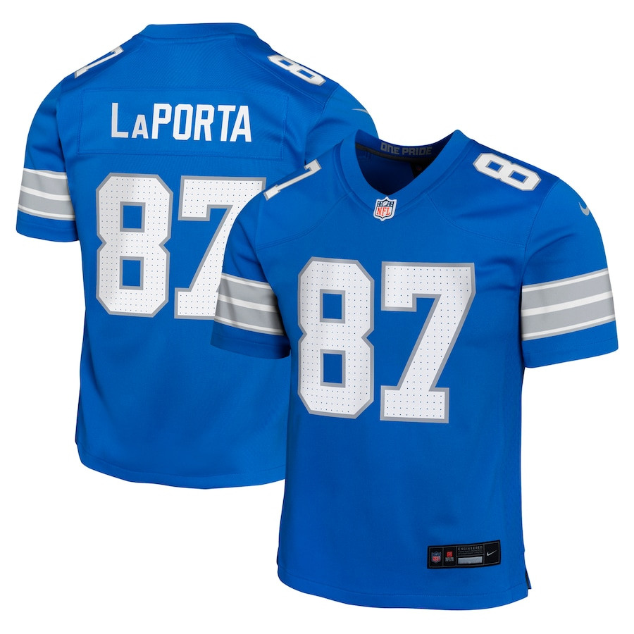 Sam LaPorta 87 Detroit Lions Team Player Game Blue NFL Jersey Youth
