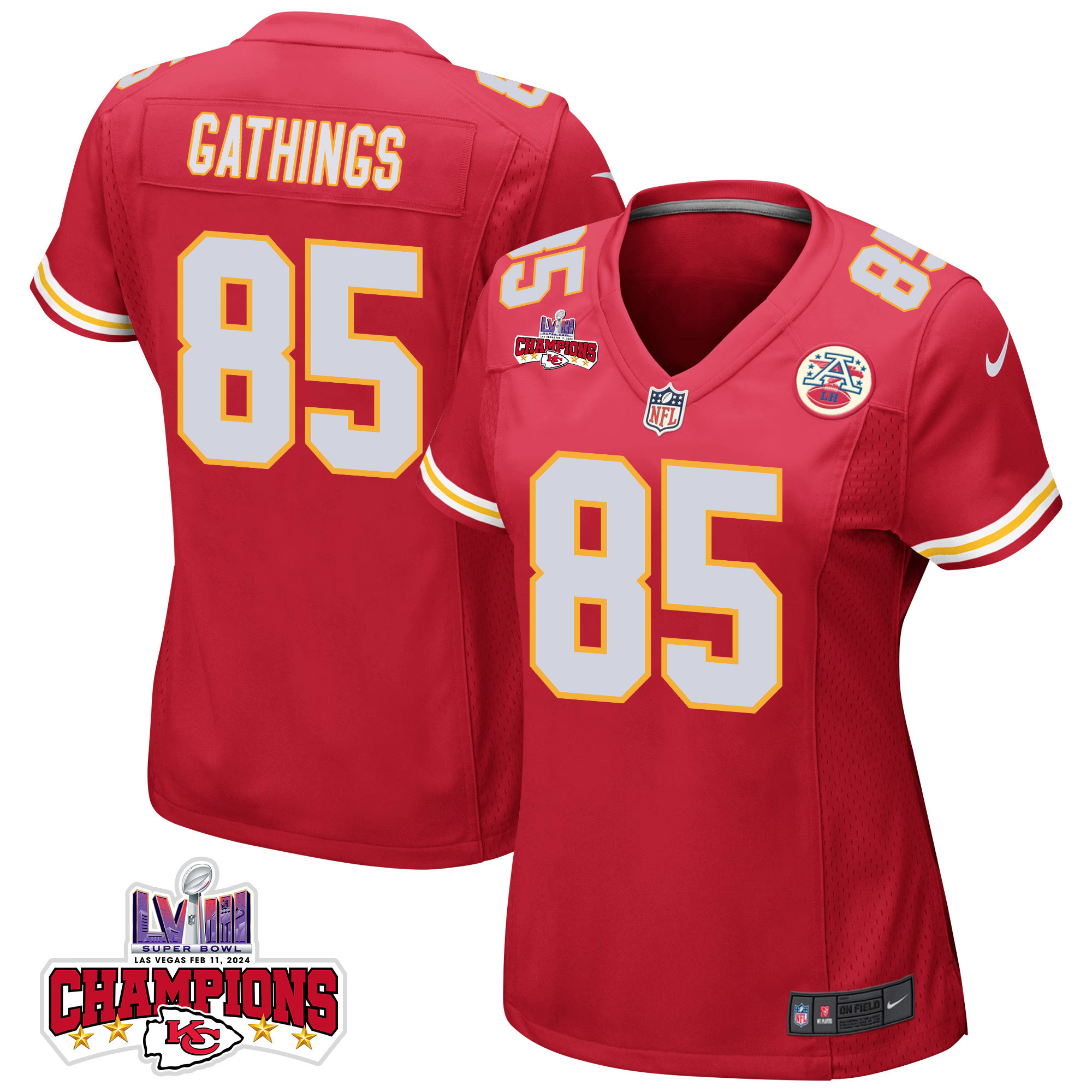 Izaiah Gathings 85 Kansas City Chiefs Super Bowl LVIII Champions 4 Stars Patch Game Red NFL Jersey Women's