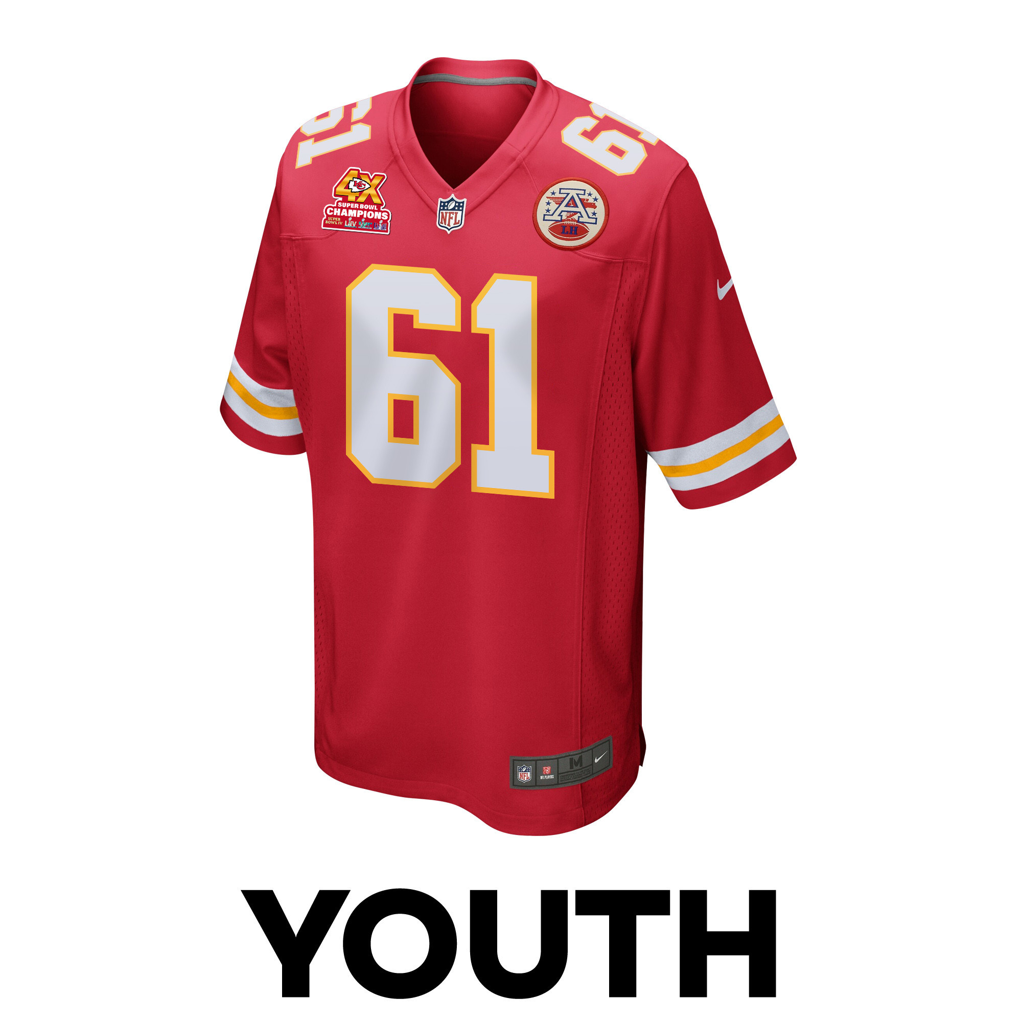 Austin Reiter 61 Kansas City Chiefs Super Bowl LVIII Champions 4X Game Red NFL Jersey Youth