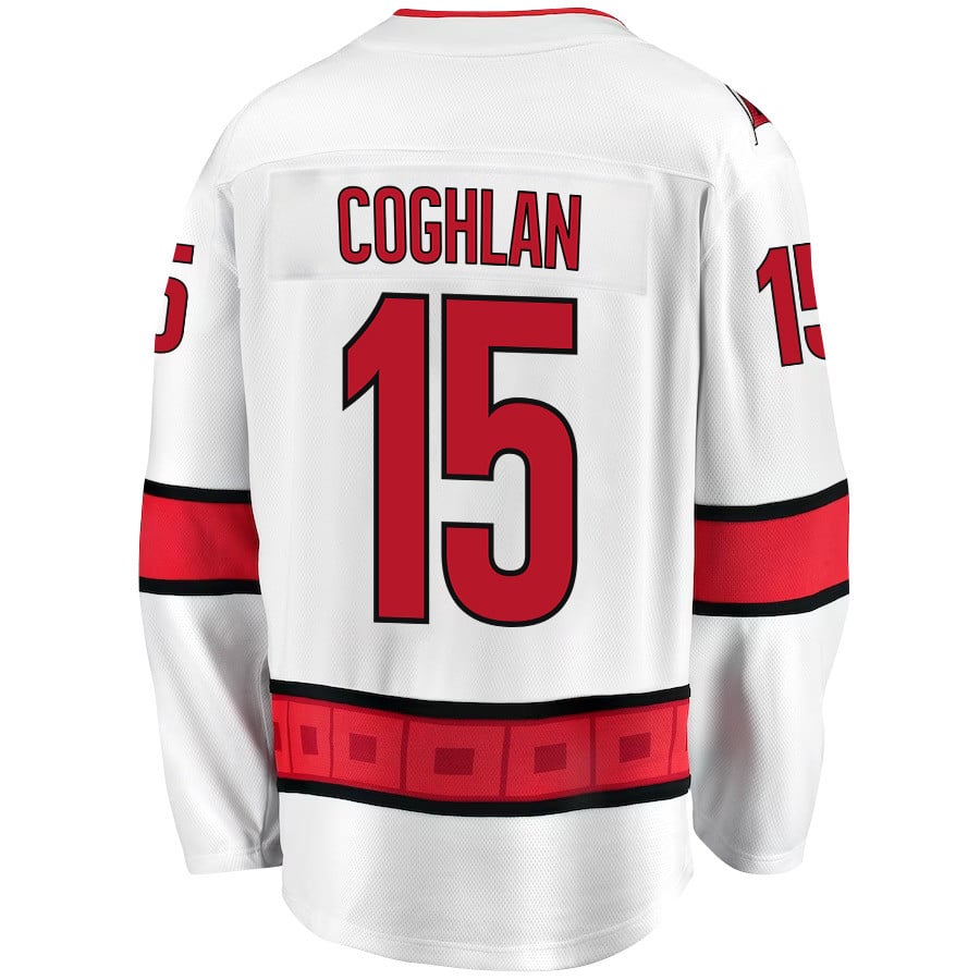 Dylan Coghlan 15 Carolina Hurricanes Stanley Cup 2023 Playoffs Patch Away Breakaway White NHL Jersey Men's