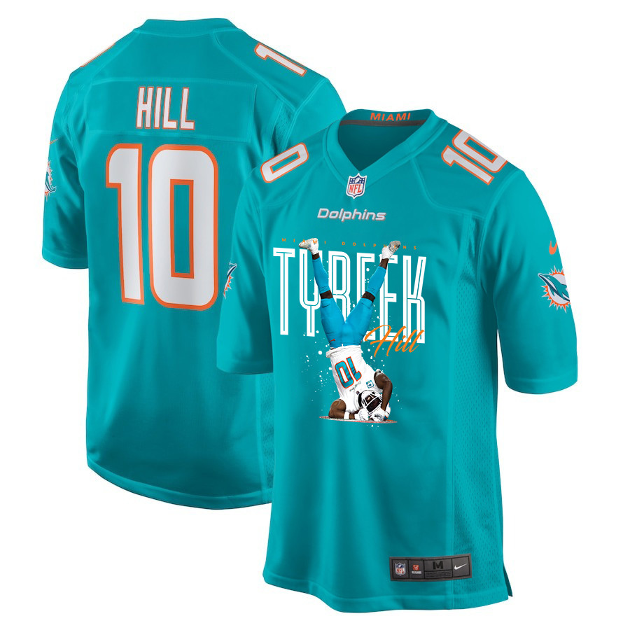 Tyreek Hill 10 Miami Dolphins Celebrating Game Aqua NFL Jersey Men's