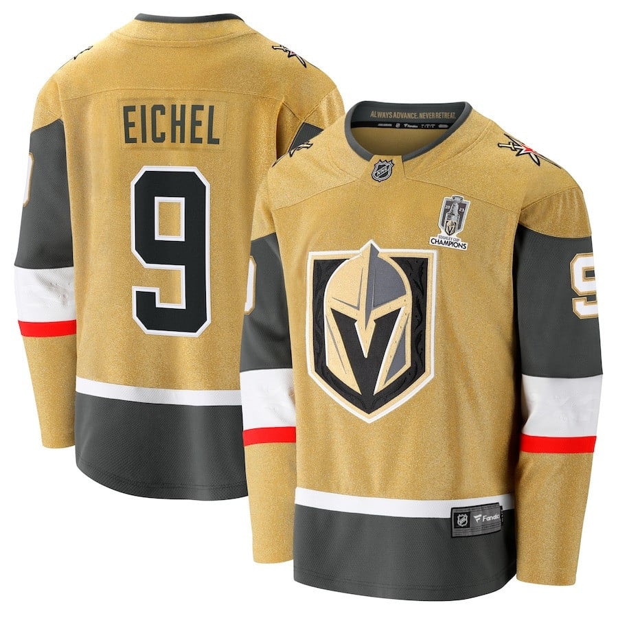 Jack Eichel 9 Vegas Golden Knights 2023 Stanley Cup Champions Patch Home Breakaway Player Gold NHL Jersey Men's