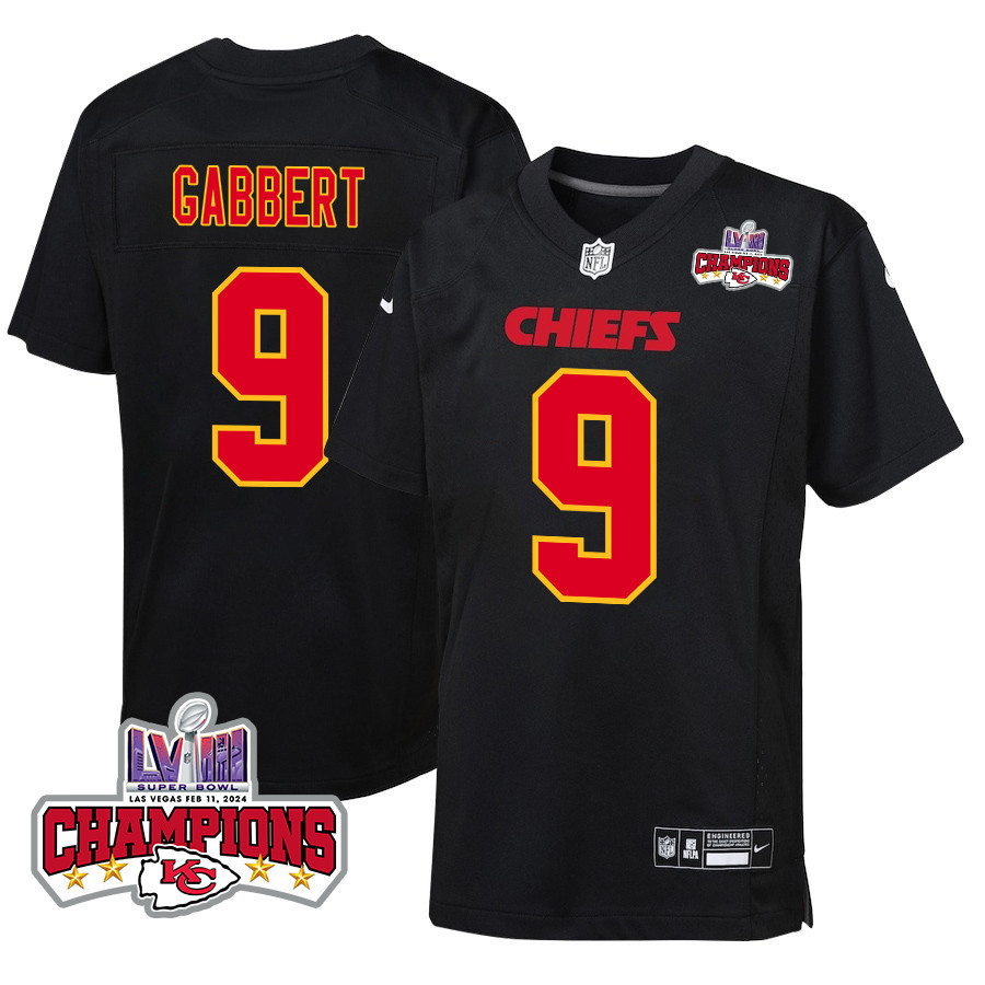 Blaine Gabbert 9 Kansas City Chiefs Super Bowl LVIII Champions 4 Stars Patch Fashion Game Carbon Black NFL Jersey Youth