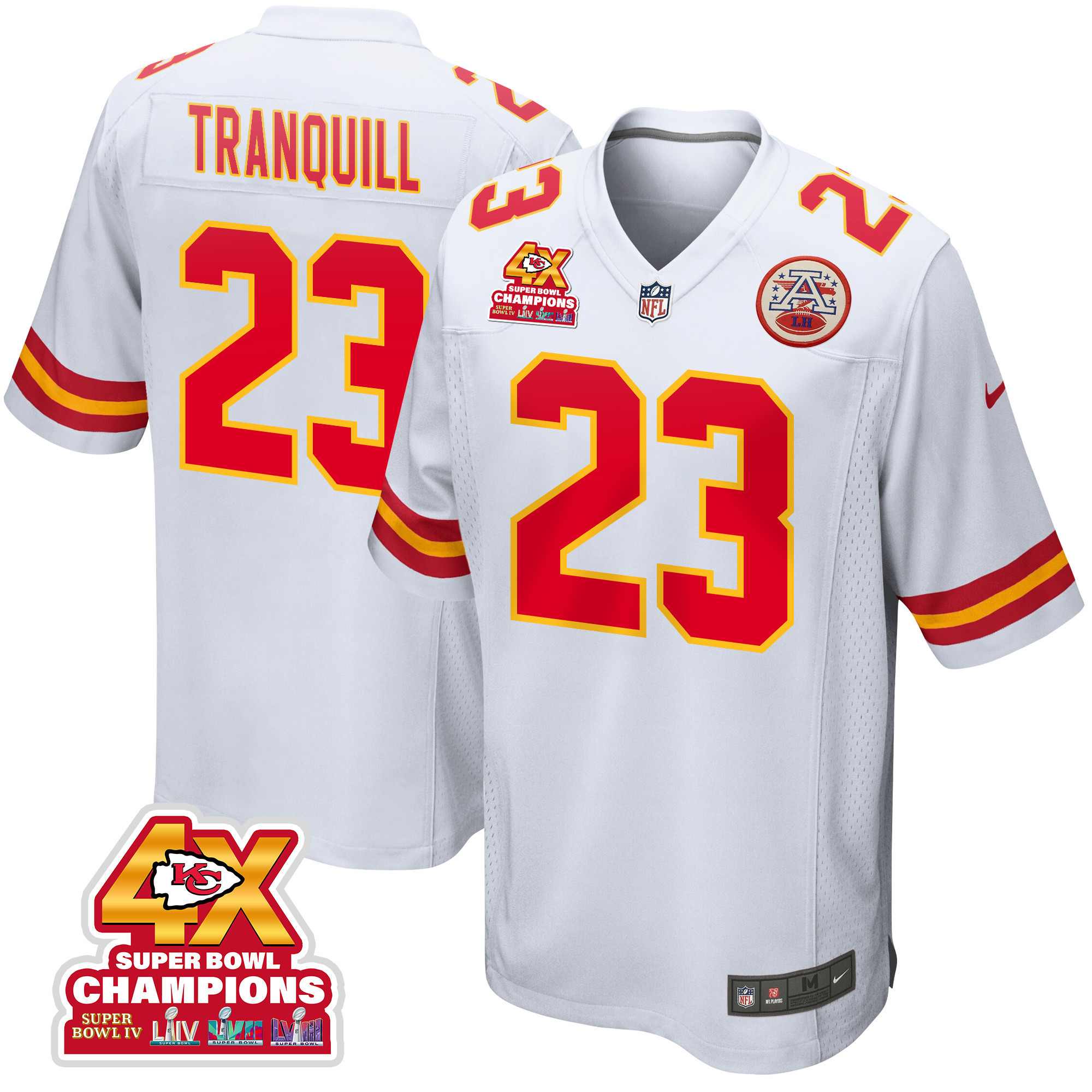 Drue Tranquill 23 Kansas City Chiefs Super Bowl LVIII Champions 4X Game White NFL Jersey Men's