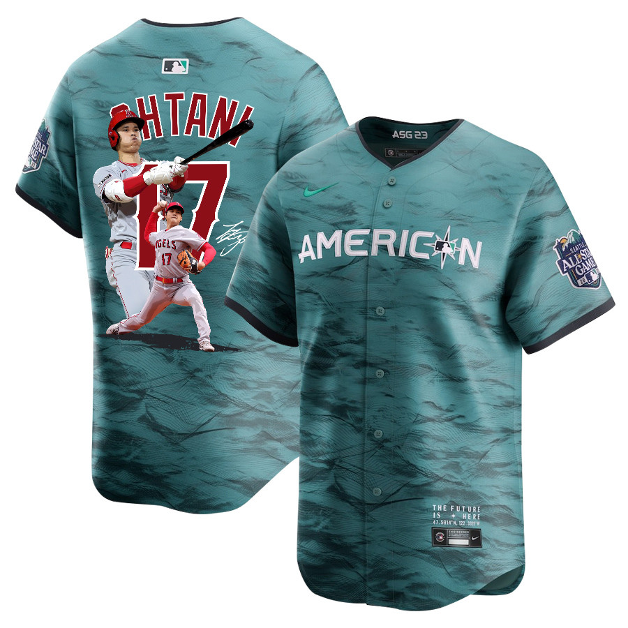 Shohei Ohtani 17 Los Angeles Angels Signed Decisive Blow 2023 All Star Game Limited Player Teal MLB Jersey Men's