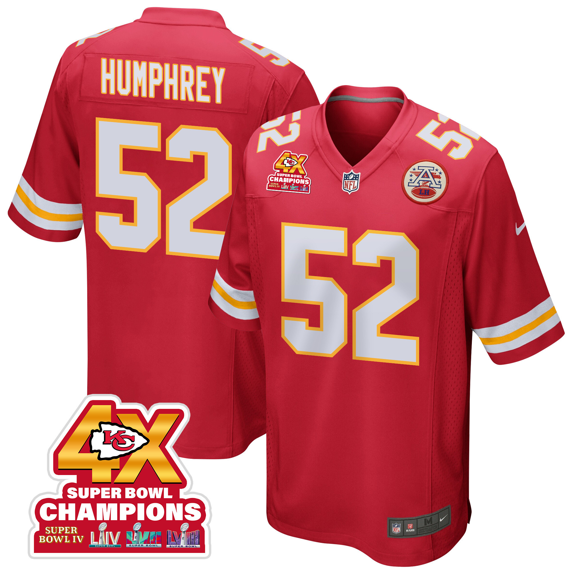 Creed Humphrey 52 Kansas City Chiefs Super Bowl LVIII Champions 4X Game Red NFL Jersey Men's