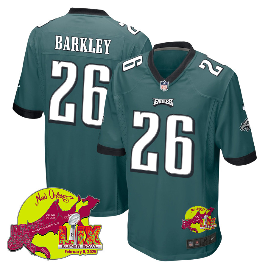 Saquon Barkley 26 Philadelphia Eagles Super Bowl LIX New Orleans Patch Game Midnight Green NFL Jersey Men's